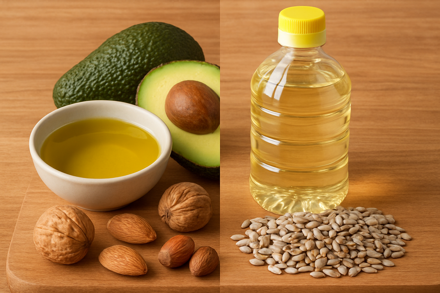 Split image comparing healthy fats (avocado, olive oil) with industrial seed oils.