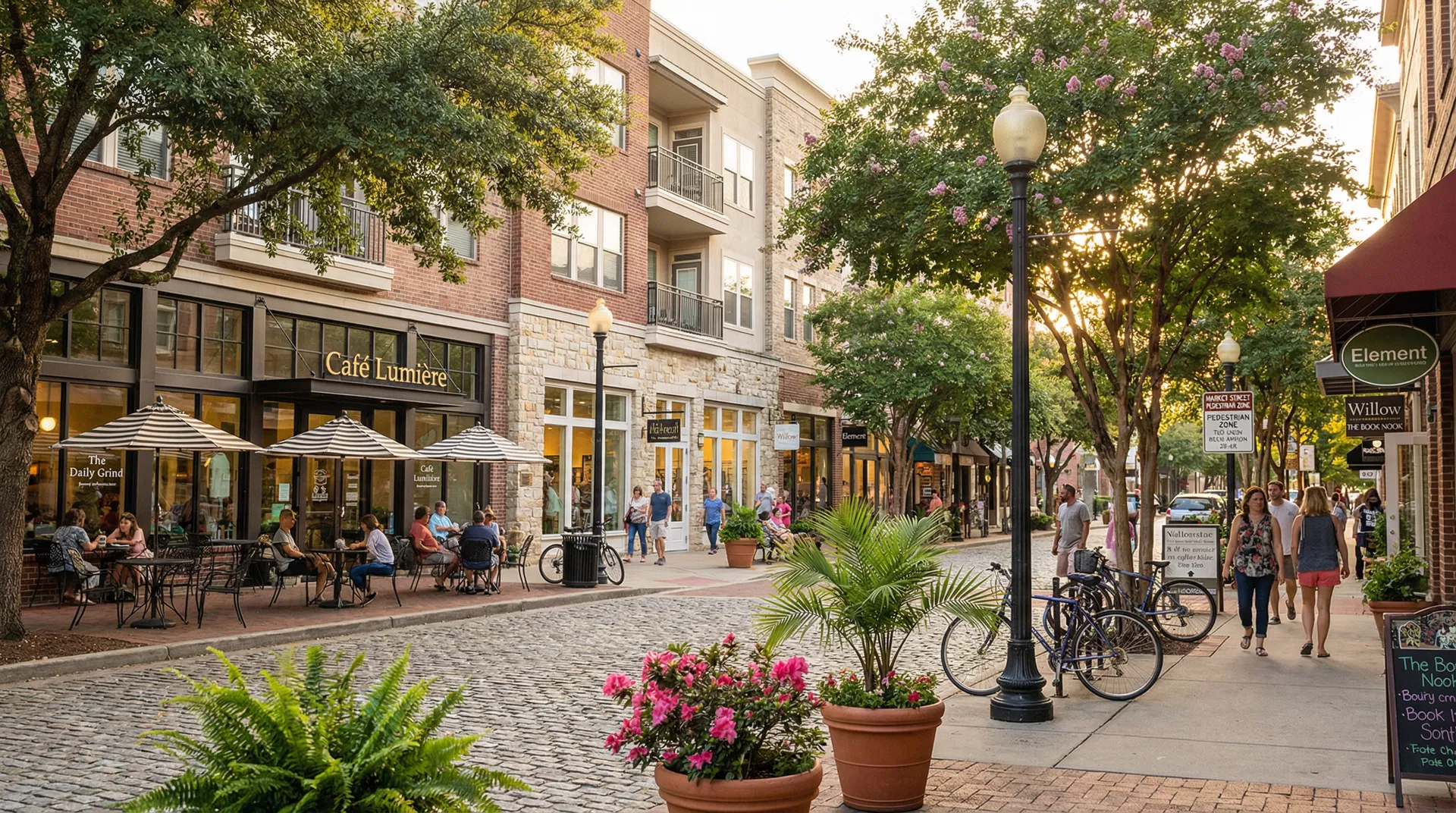 Trilith walkable town center with European-style architecture and outdoor dining