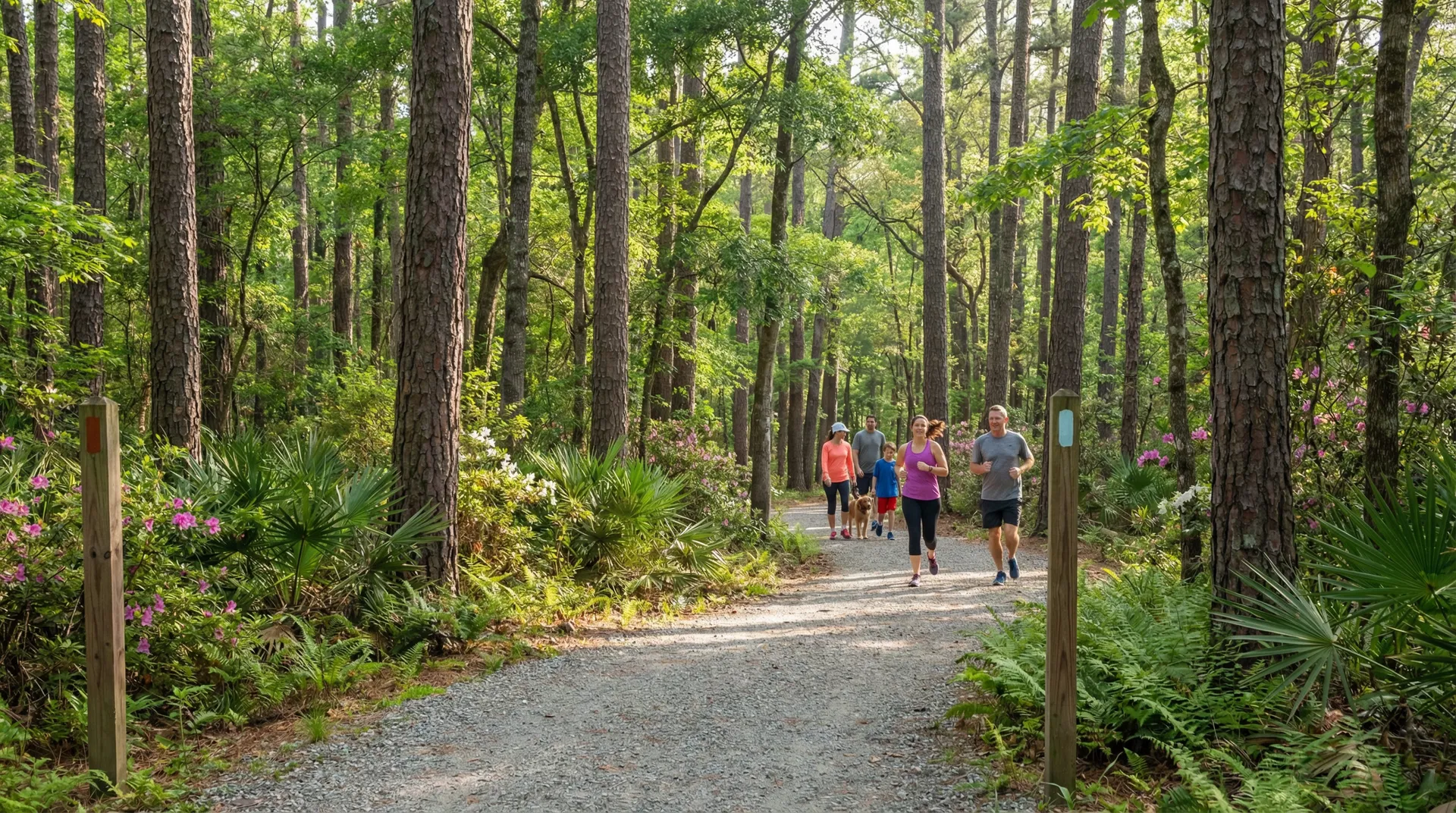 Families enjoying Trilith's 15 miles of nature trails through Georgia forest