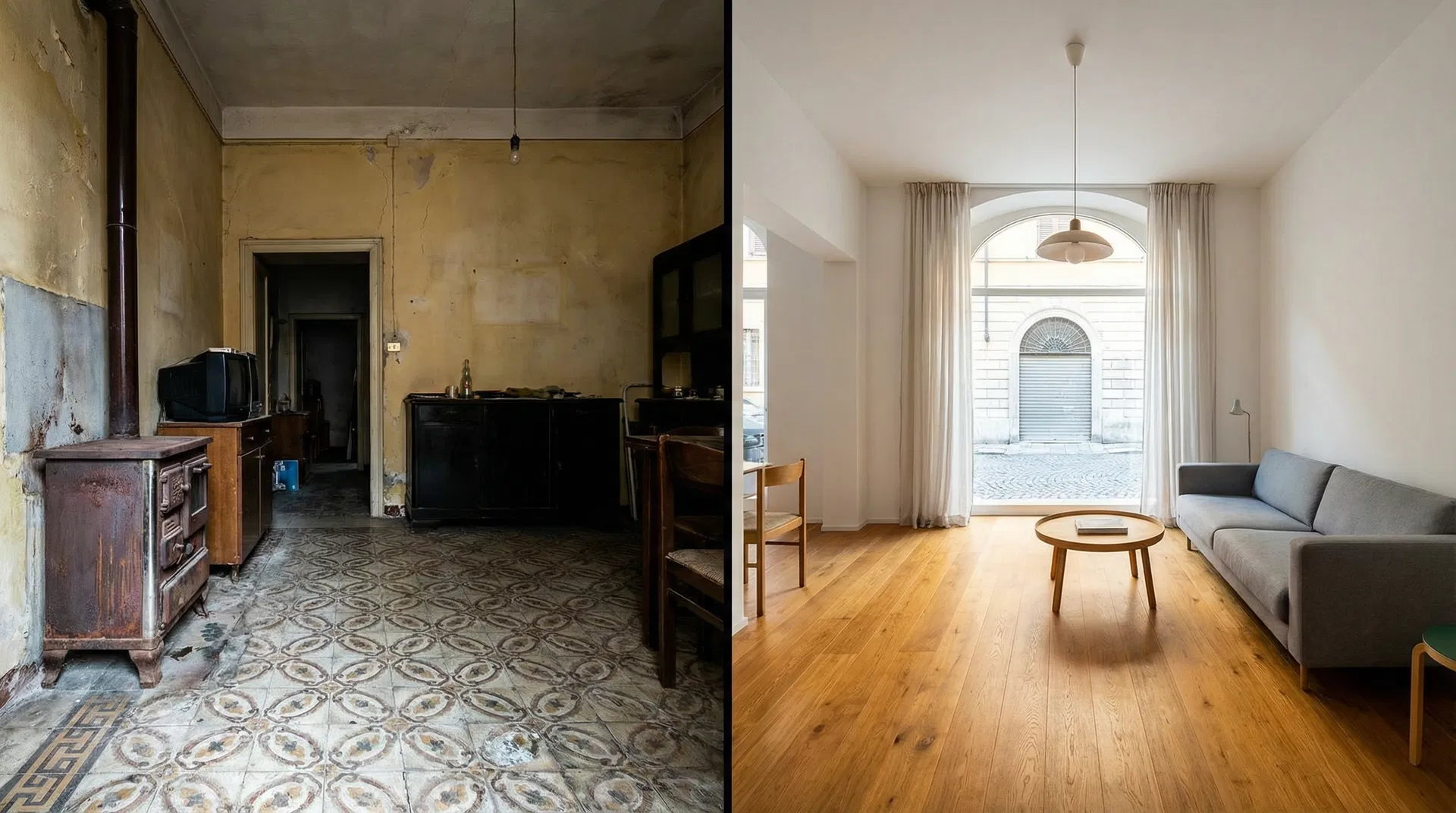 Prima e dopo la ristrutturazione di un immobile