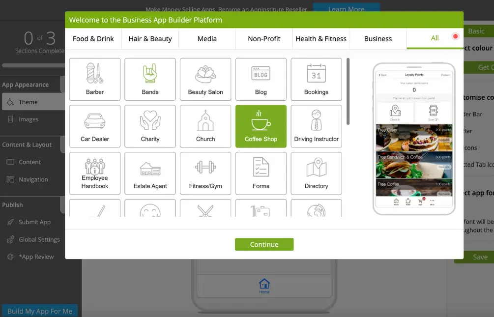 Interface van een no-code app builder