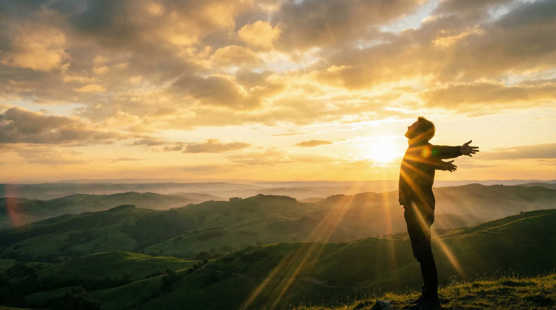 Person breathing freely on a hilltop at golden hour