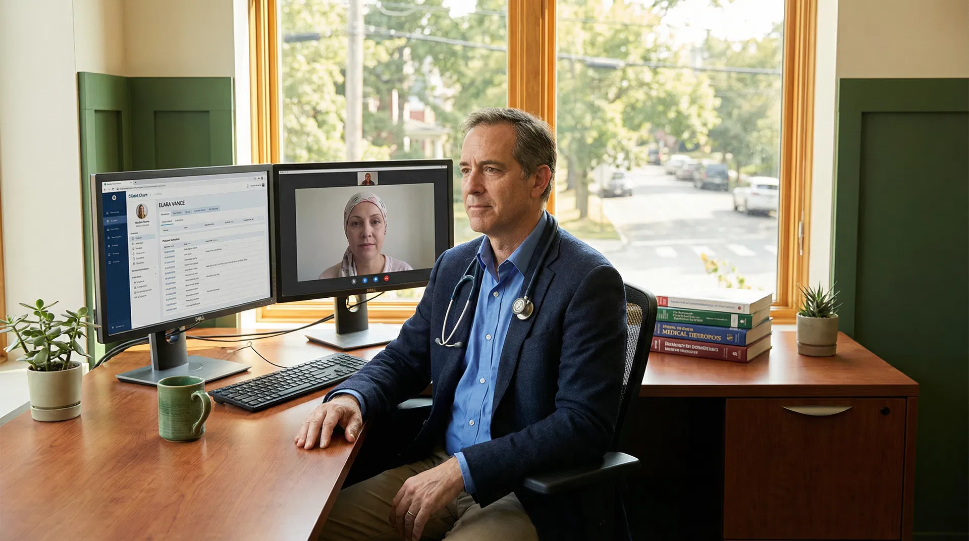 Doctor consulting with patient in warm clinical setting