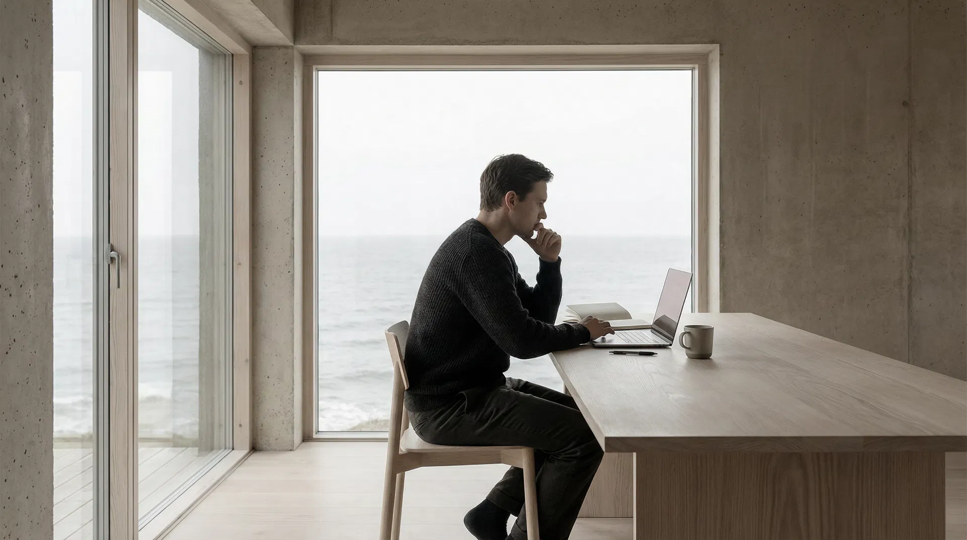 Konzentriertes Arbeiten am Meer – Person an minimalem Schreibtisch mit Meeresblick