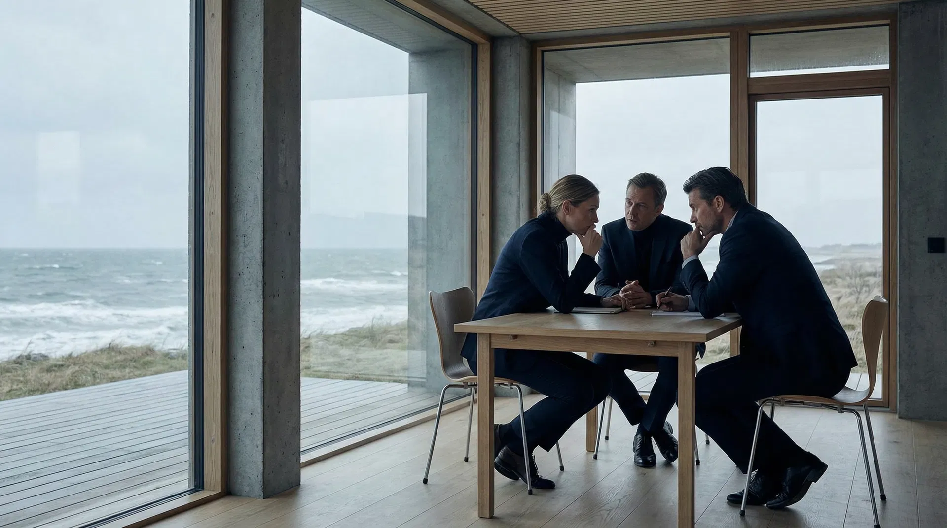 Drei Personen in fokussiertem Gespräch an einem Tisch mit Meeresblick