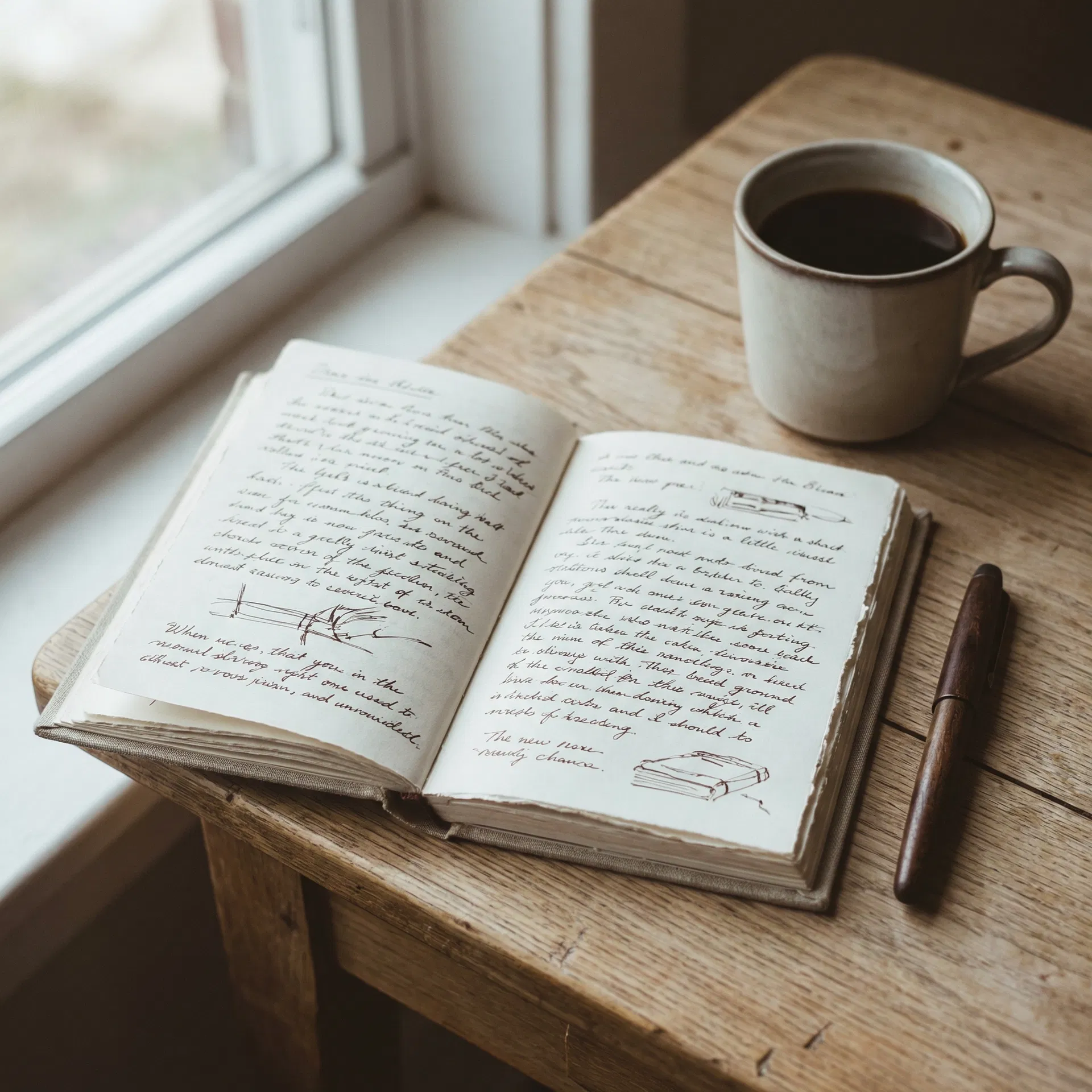 Notizbuch mit handschriftlichen Notizen und Kaffeetasse – Detailaufnahme