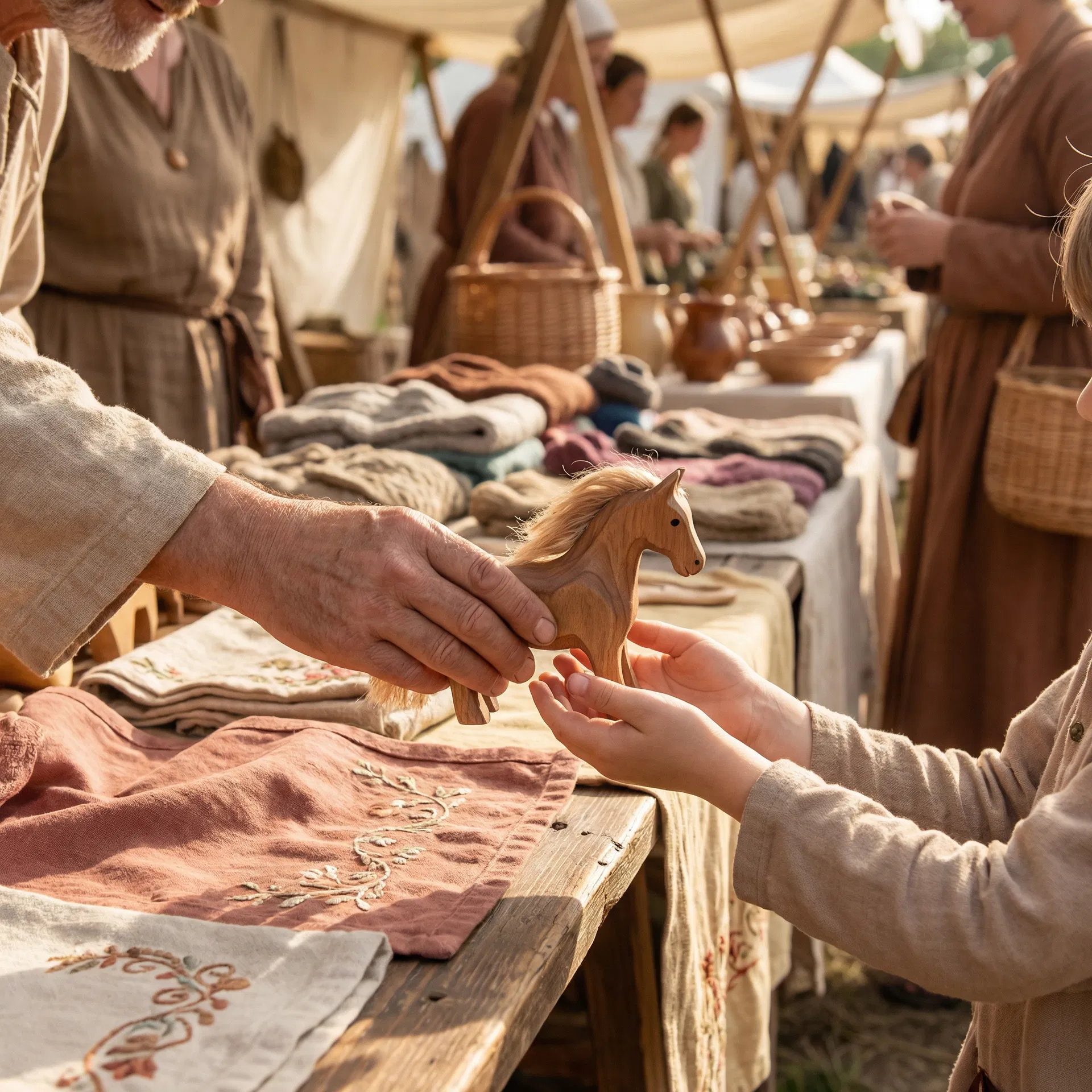 Hands exchanging handmade toy at festival booth