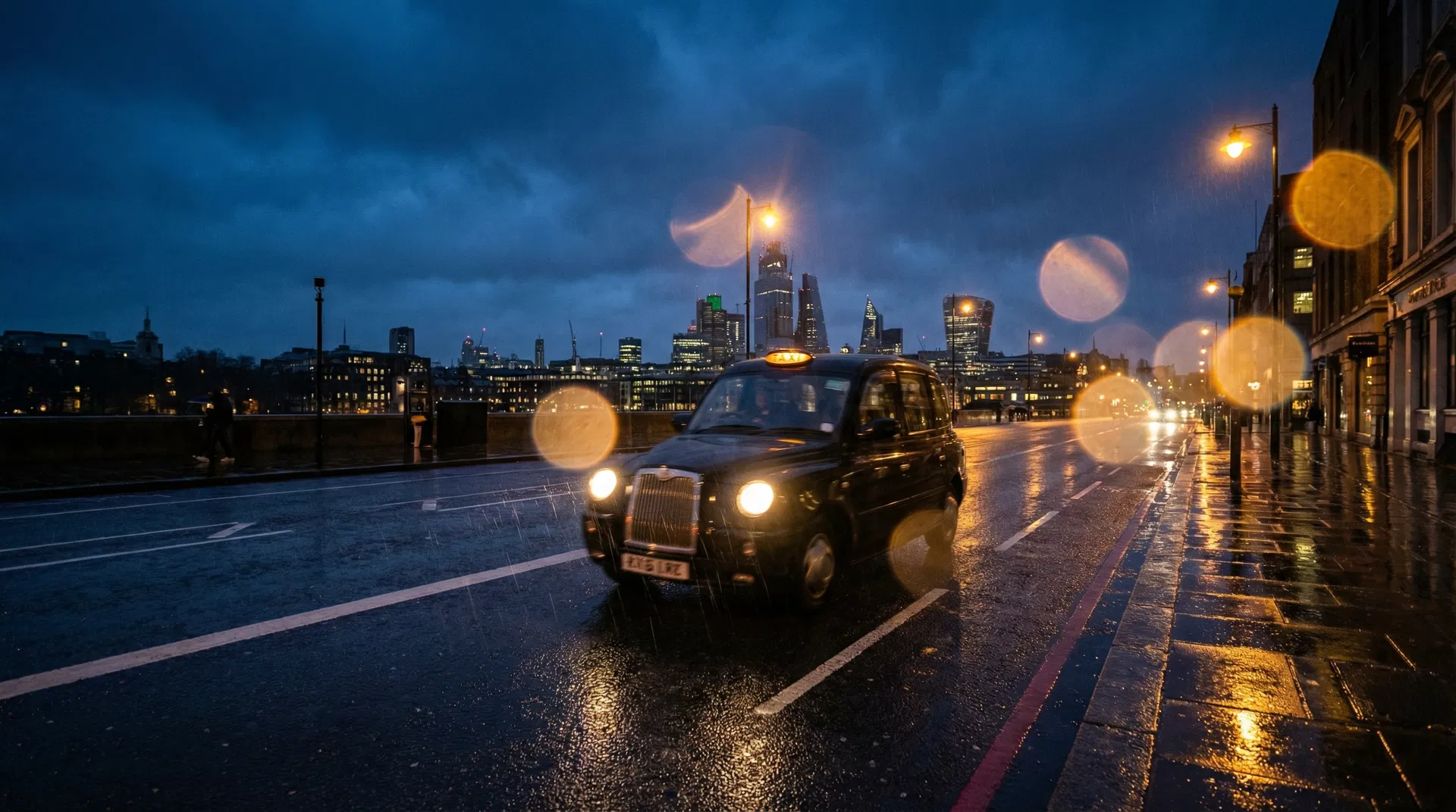London taxi on rain-slicked street at twilight