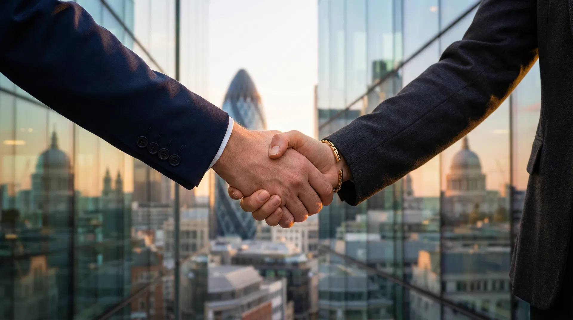 Business handshake with London skyline
