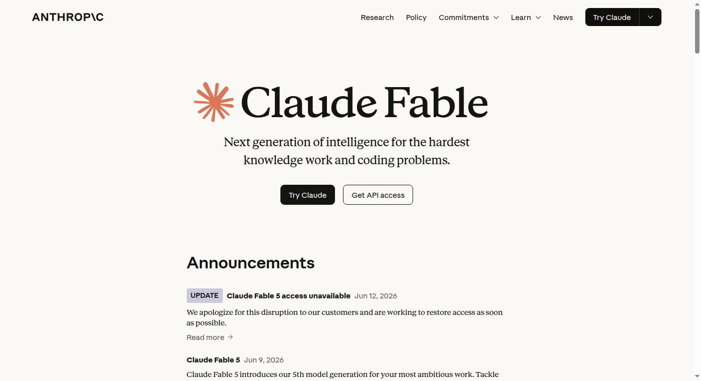 Claude Fable 製品ページ - アクセス不可の通知
