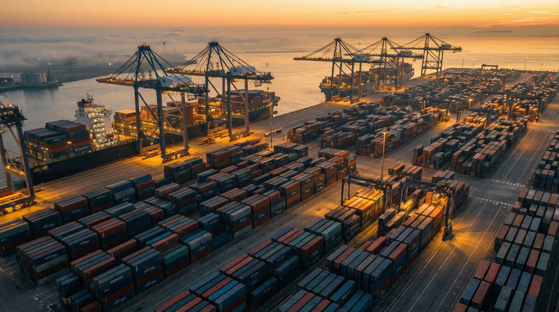 Container Hafen bei Sonnenuntergang