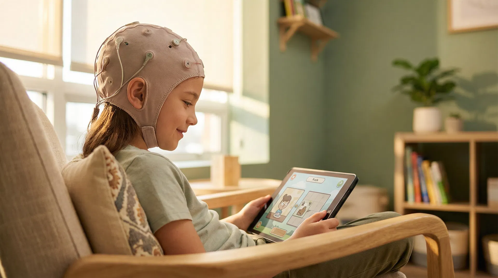 A client comfortably wearing an EEG cap during a neurotherapy session