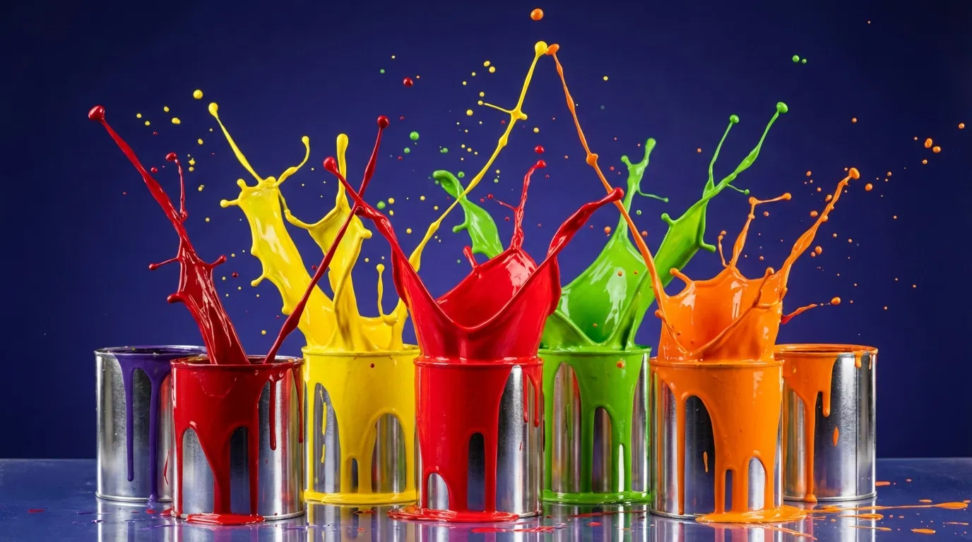 Latas de tinta coloridas com splashes vibrantes