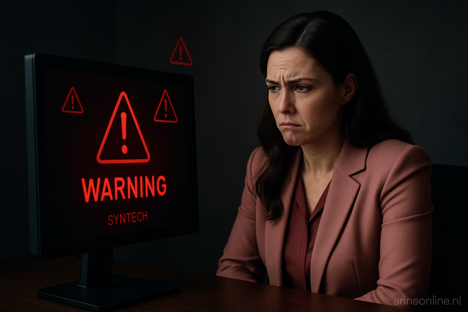 Een vrouw in een roze pak kijkt teleurgesteld naar een computerscherm met rode waarschuwingssignalen en het SYNTECH logo