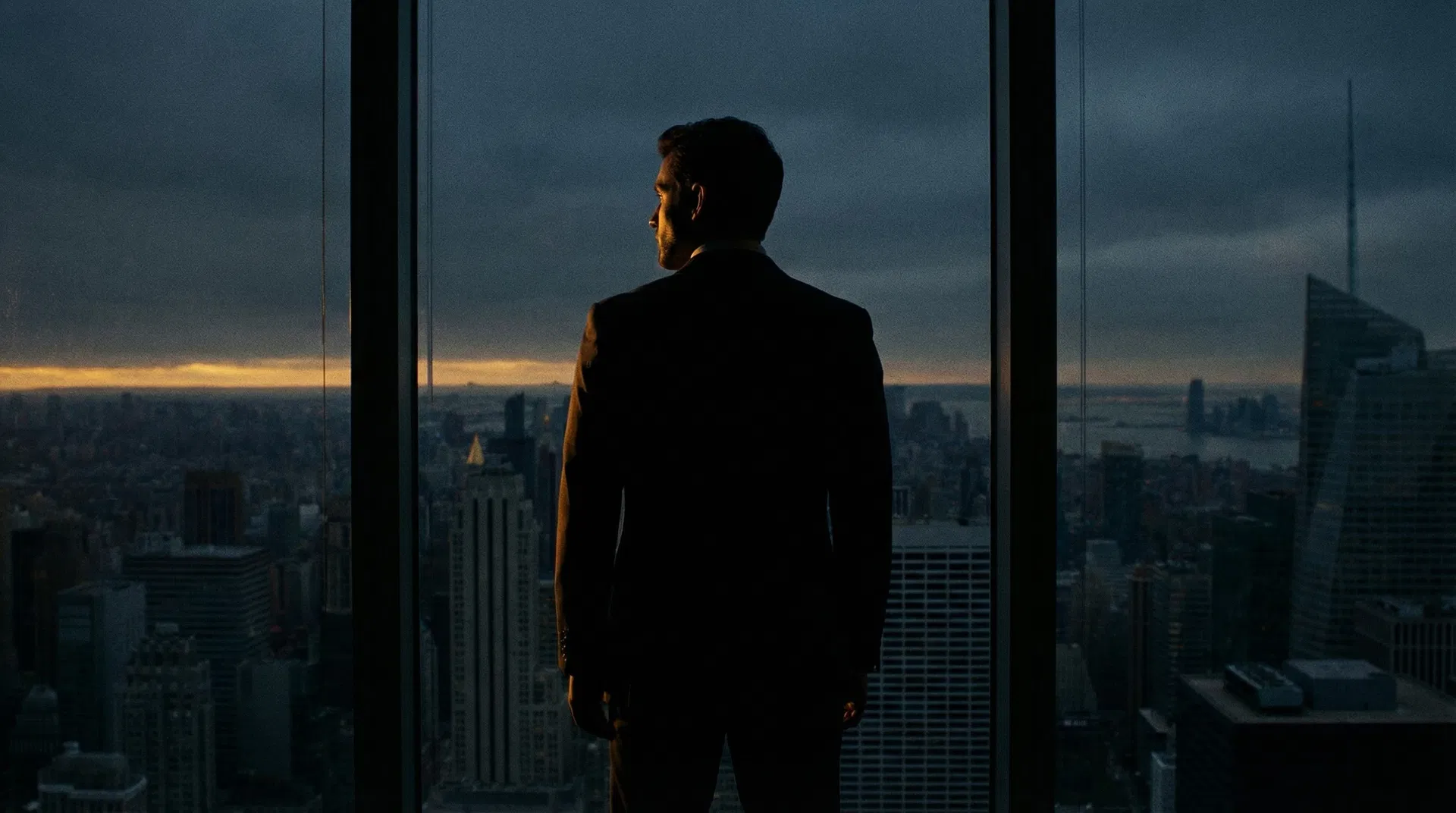 Executive silhouette overlooking city skyline at dawn — leadership and authority
