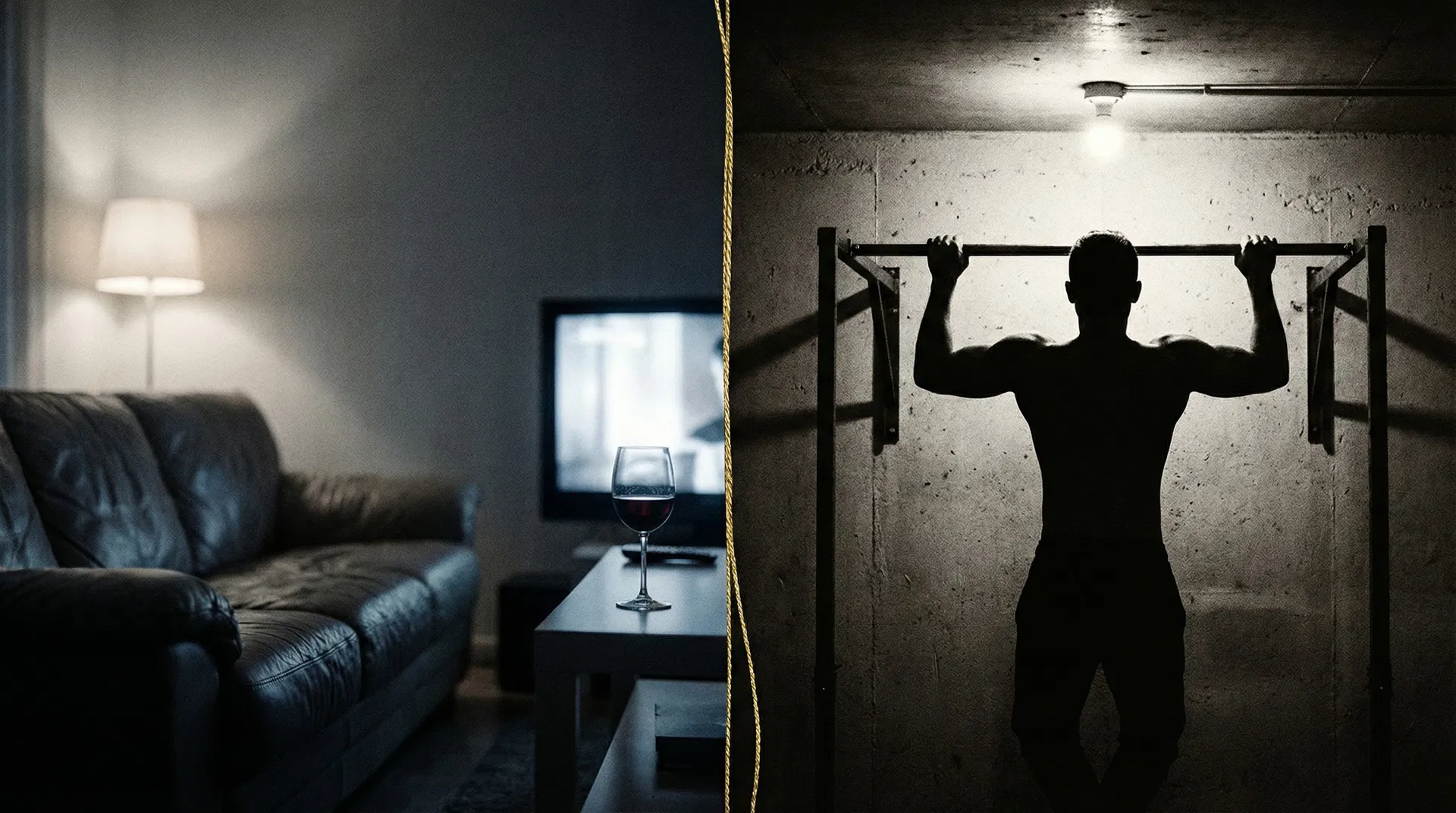 Split scene — comfort and decline versus discipline and strength