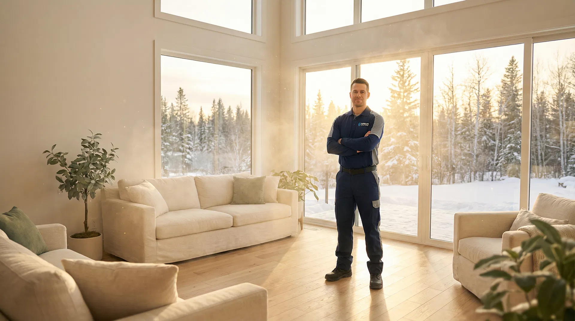 Professional ozone treatment technician in a clean living room