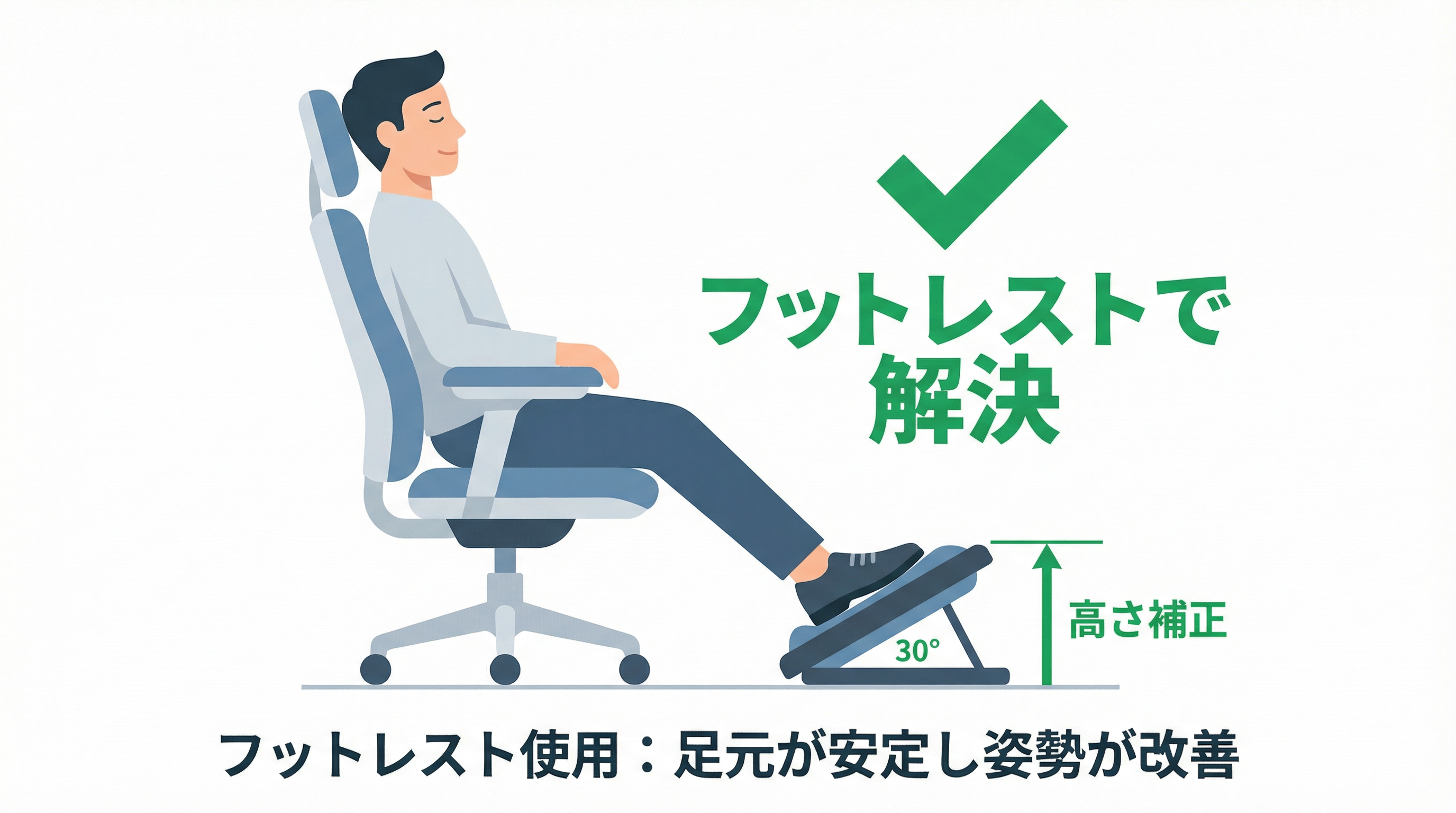 フットレスト使用:足元が安定し姿勢が改善