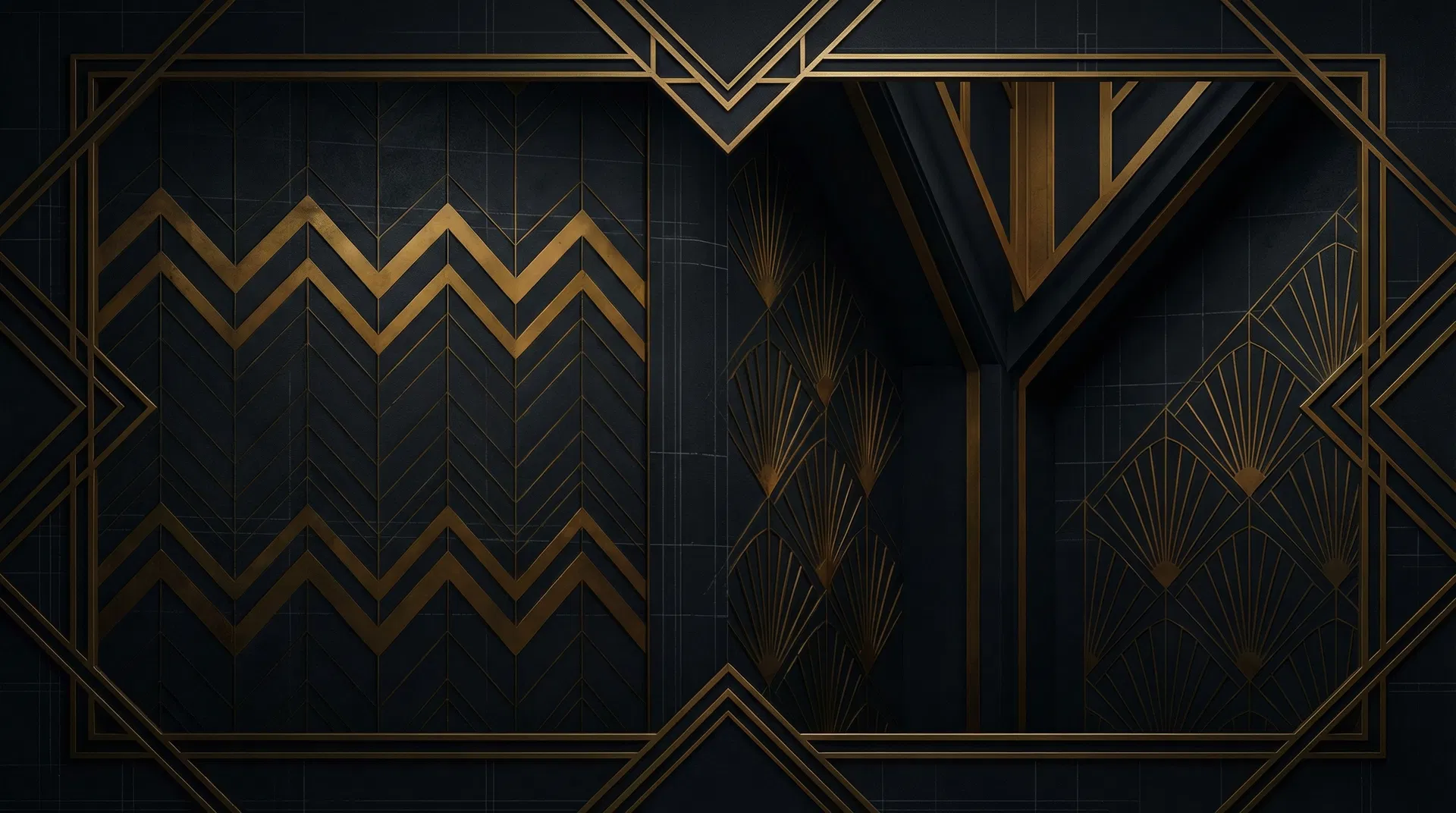 NoblePort.eth Art Deco architectural gateway background with golden geometric patterns