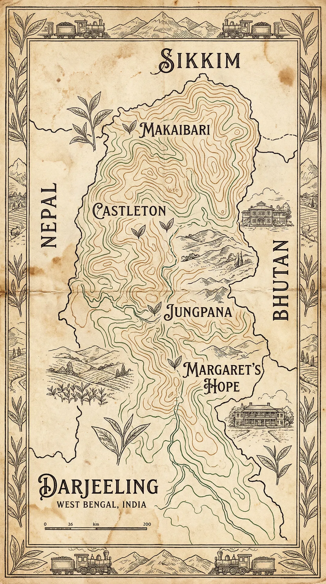 ダージリン地方の茶園マップ