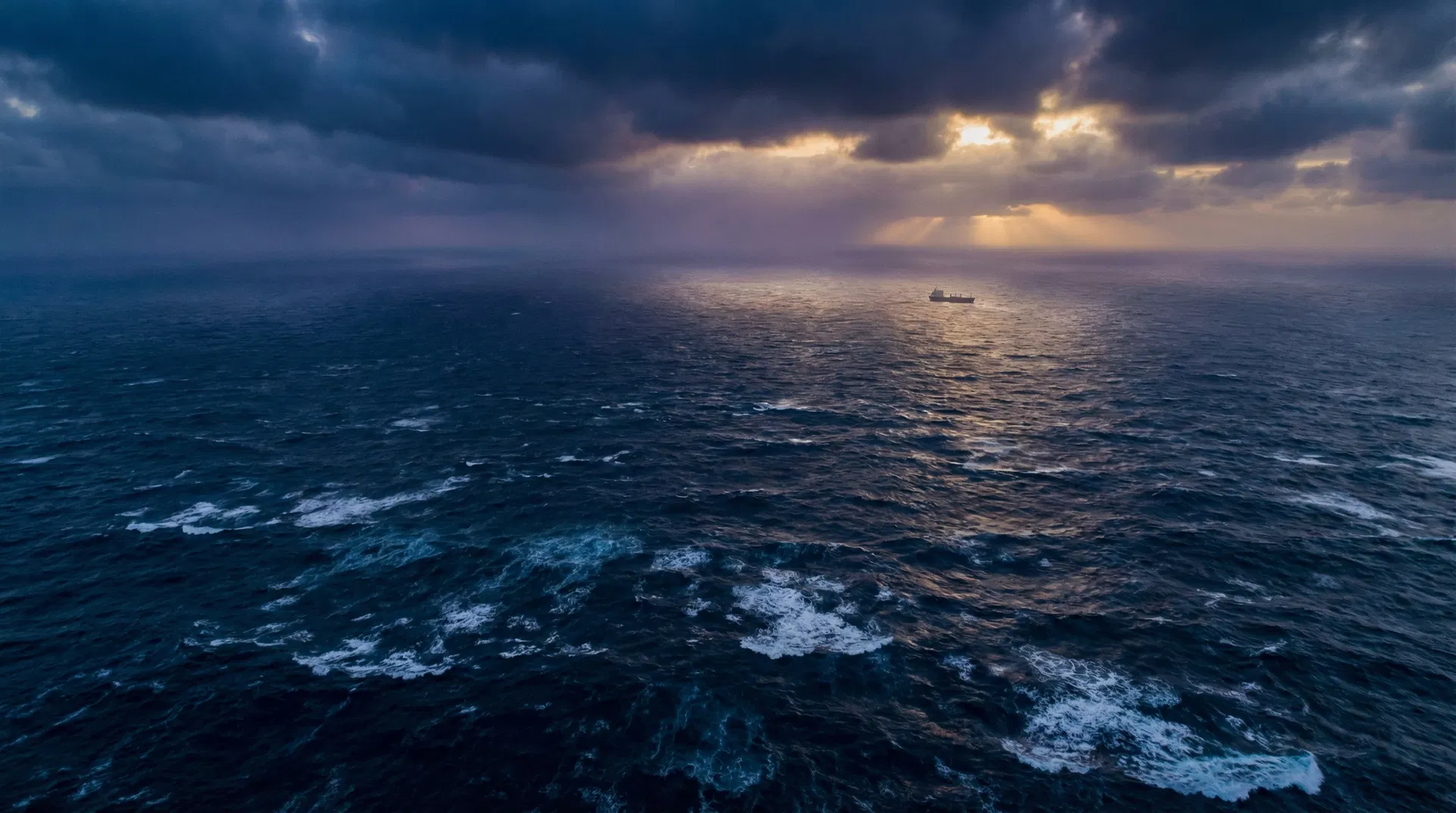 Dark ocean at dusk with distant ship — contrarian investing metaphor for market survival
