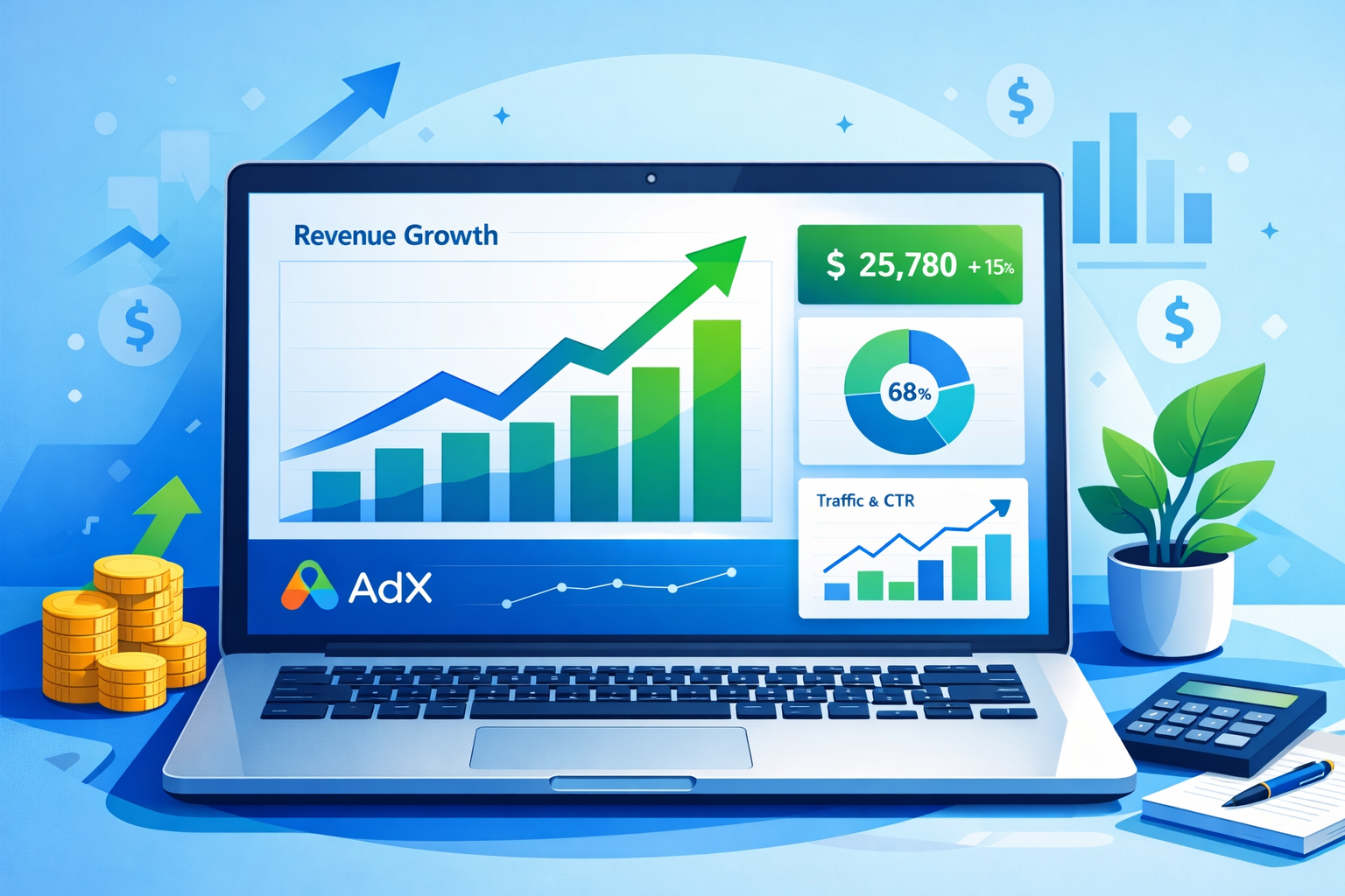 How to increase AdX earnings A professional digital illustration showing a laptop with a dashboard displaying increasing revenue charts and graphs. The Google Ad Exchange (AdX) logo is subtly integrated. Modern flat design style with vibrant blue and green colors, representing growth and financial success. High resolution, clean composition.