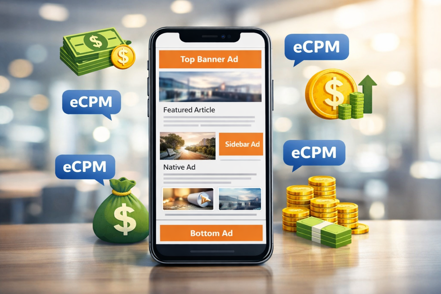 How to increase AdX earnings A conceptual image of a mobile phone showing a website with perfectly placed ad units. Floating icons of money and