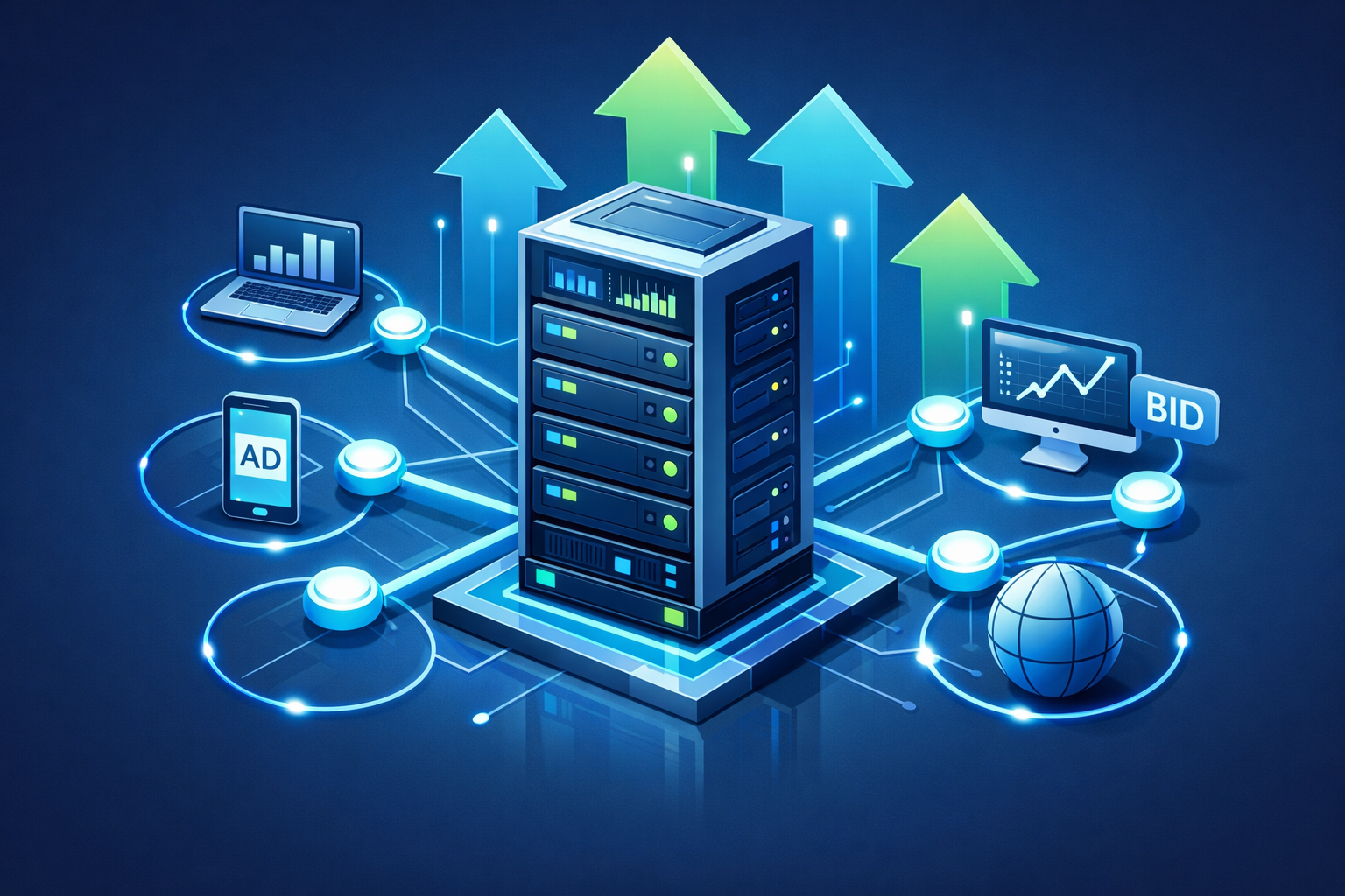 How to increase AdX earnings A 3D isometric illustration of a server rack connected to multiple glowing nodes, symbolizing programmatic advertising and header bidding. Arrows pointing upwards to represent yield optimization. Clean, futuristic style with a professional corporate color palette.
