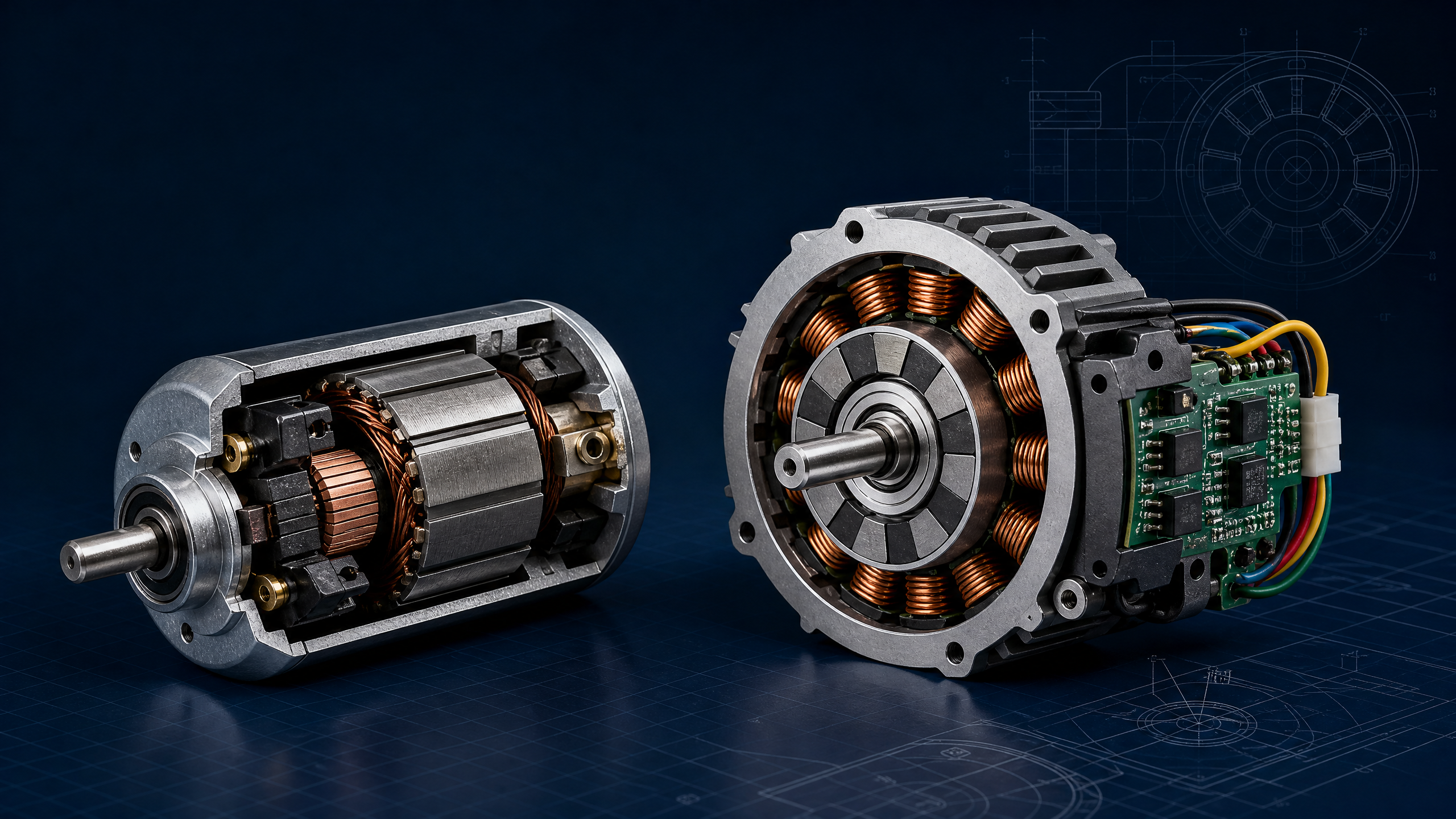Cutaway comparison of a brushed DC motor and a BLDC motor on an engineering background
