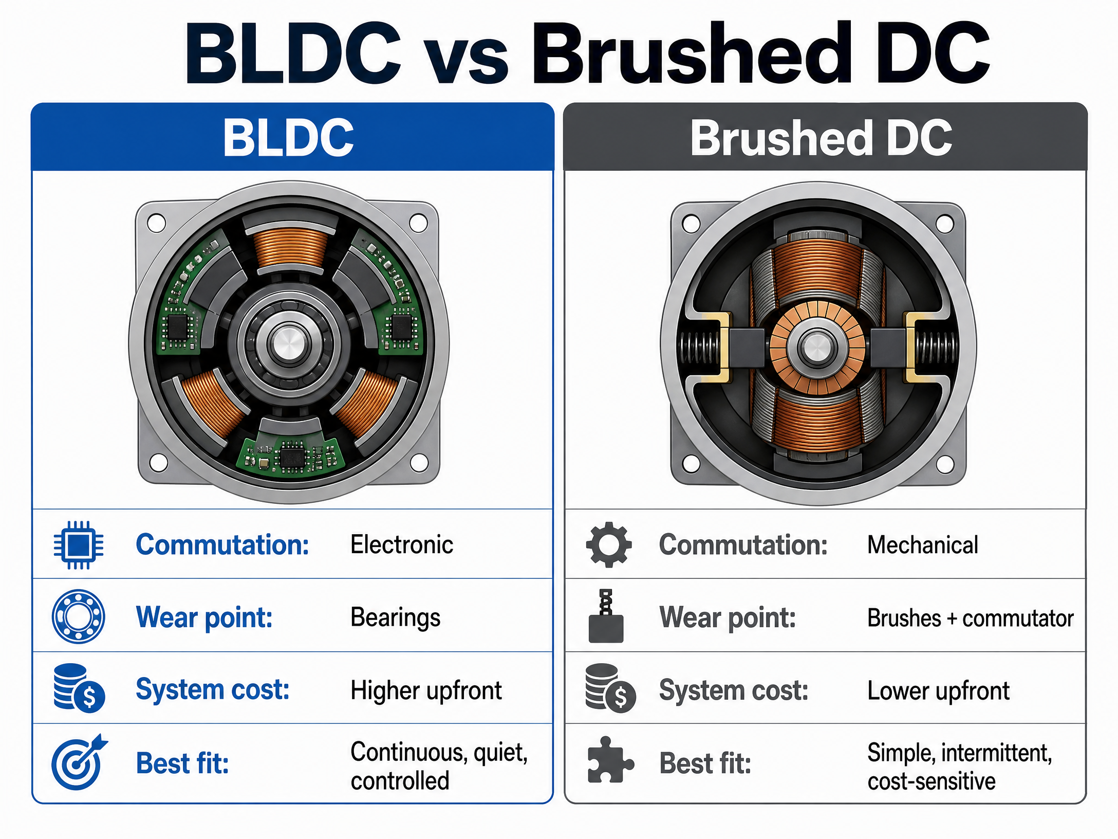 BLDC vs Brushed DC infographic showing commutation, wear points, system cost, and best-fit applications