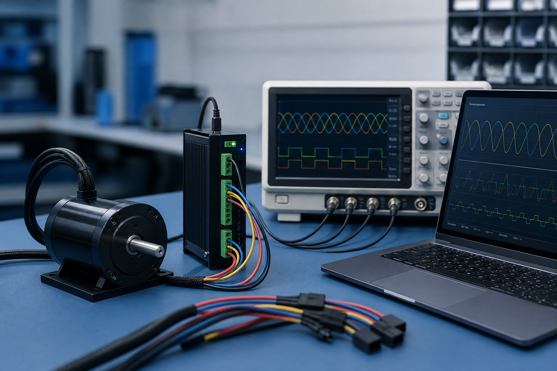 BLDC motor connected to a controller and oscilloscope during an engineering evaluation