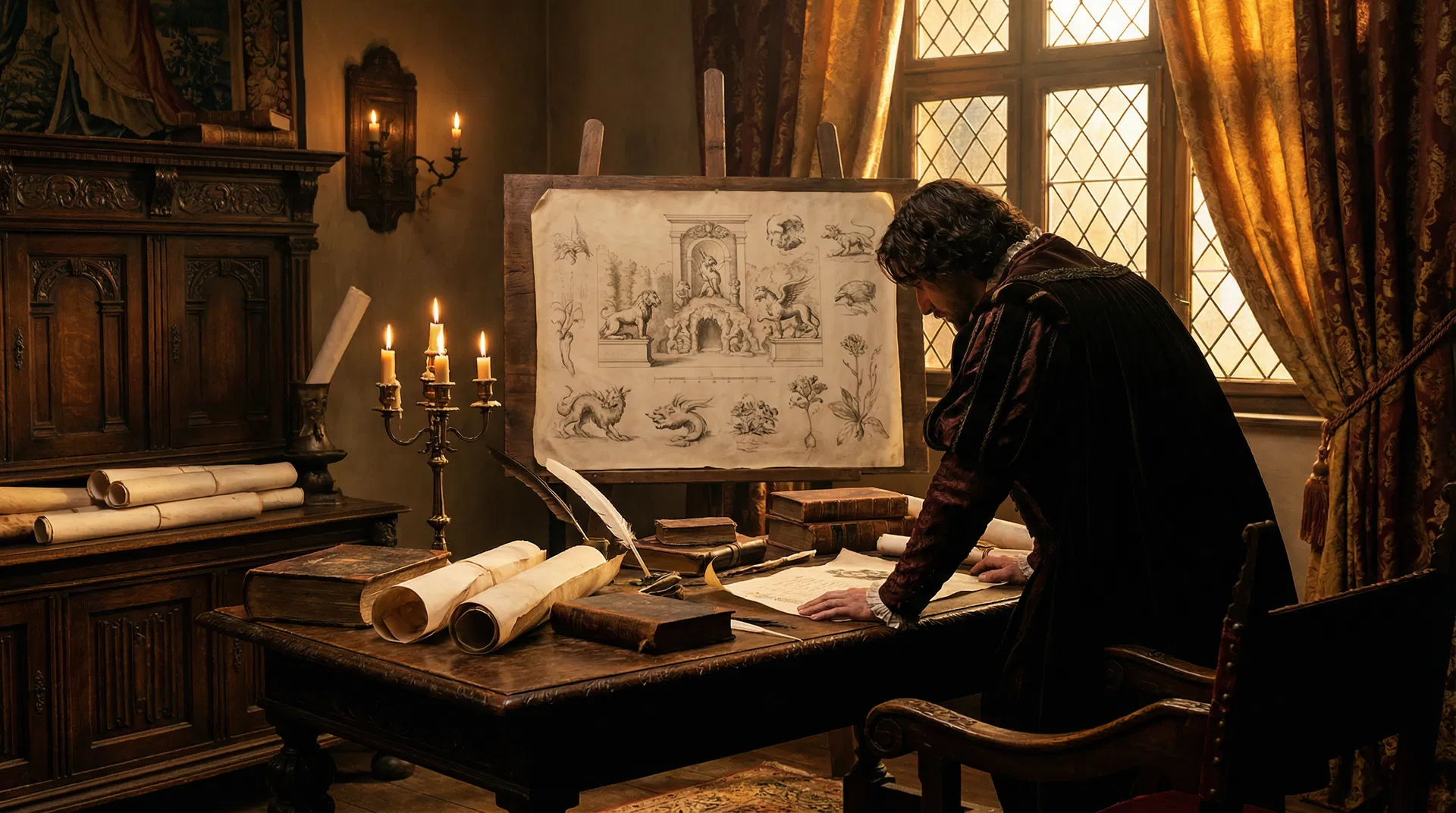 A Renaissance prince’s study with manuscripts and sculpture drawings