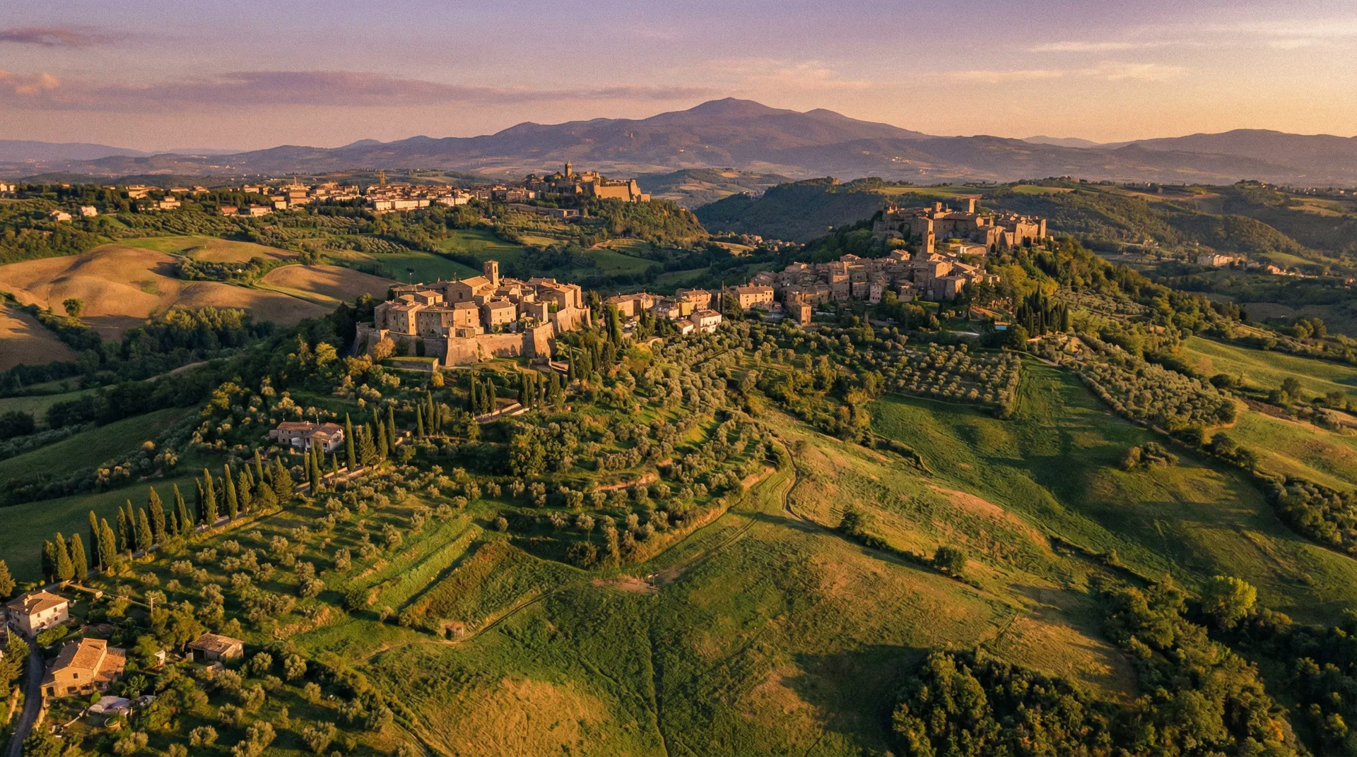 Tuscia landscape at sunset with medieval hilltop villages