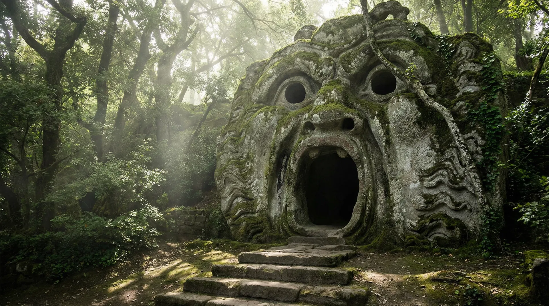 The Ogre of Bomarzo shrouded in woodland mist
