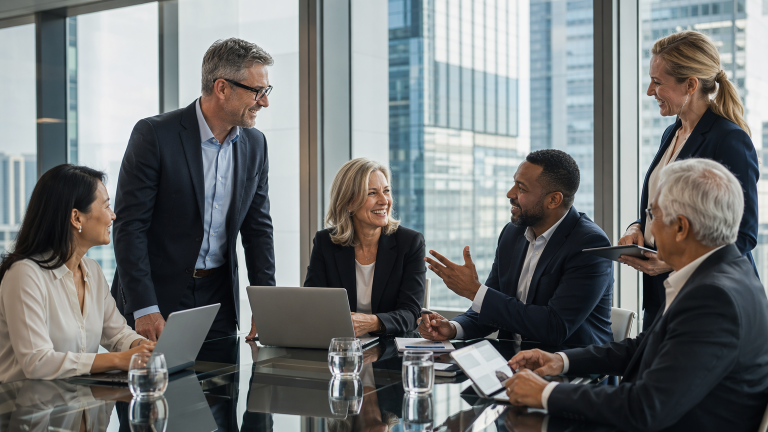 Diverse group of senior executives collaborating in a modern, light-filled boardroom with city skyline visible through windows
