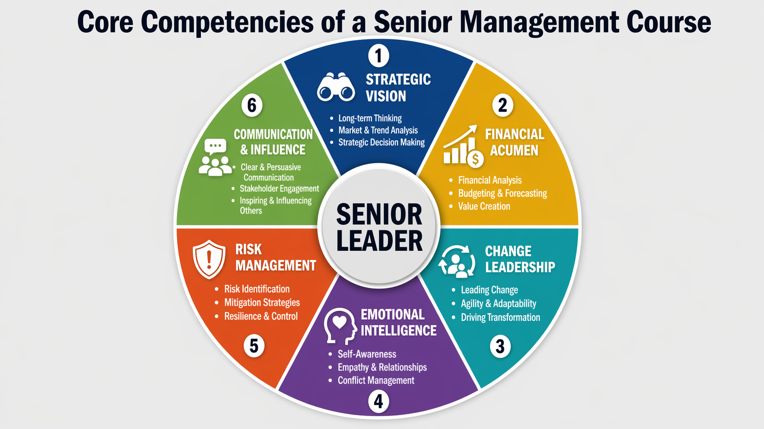 Core Competencies Wheel - Infographic showing six competencies radiating from central "Senior Leader": Strategic Vision, Financial Acumen, Change Leadership, Emotional Intelligence, Risk Management, and Communication & Influence