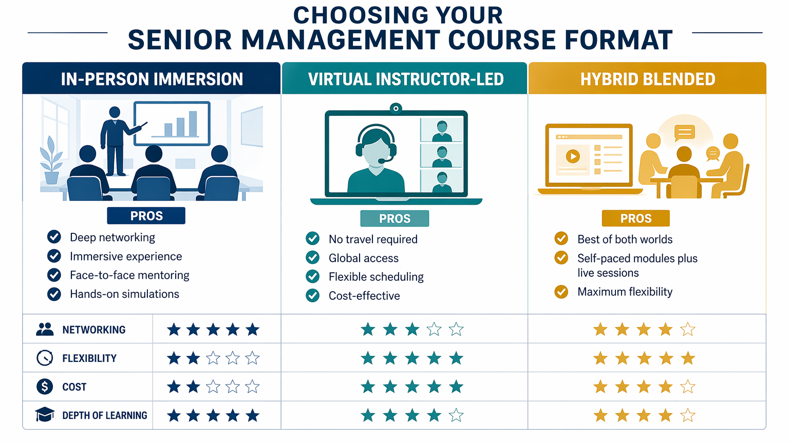Course Formats Comparison - Infographic comparing In-Person Immersion (deep networking, immersive experience, face-to-face mentoring, hands-on simulations), Virtual Instructor-Led (no travel required, global access, flexible scheduling, cost-effective), and Hybrid Blended (best of both worlds, self-paced modules plus live sessions, maximum flexibility) with ratings for networking, flexibility, cost, and depth of learning
