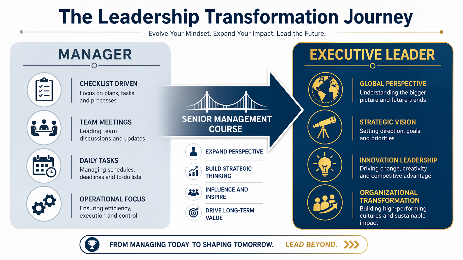 The Leadership Transformation Journey - Infographic showing the evolution from Manager (tactical, checklist-driven, operational focus) to Executive Leader (strategic vision, global perspective, innovation leadership)