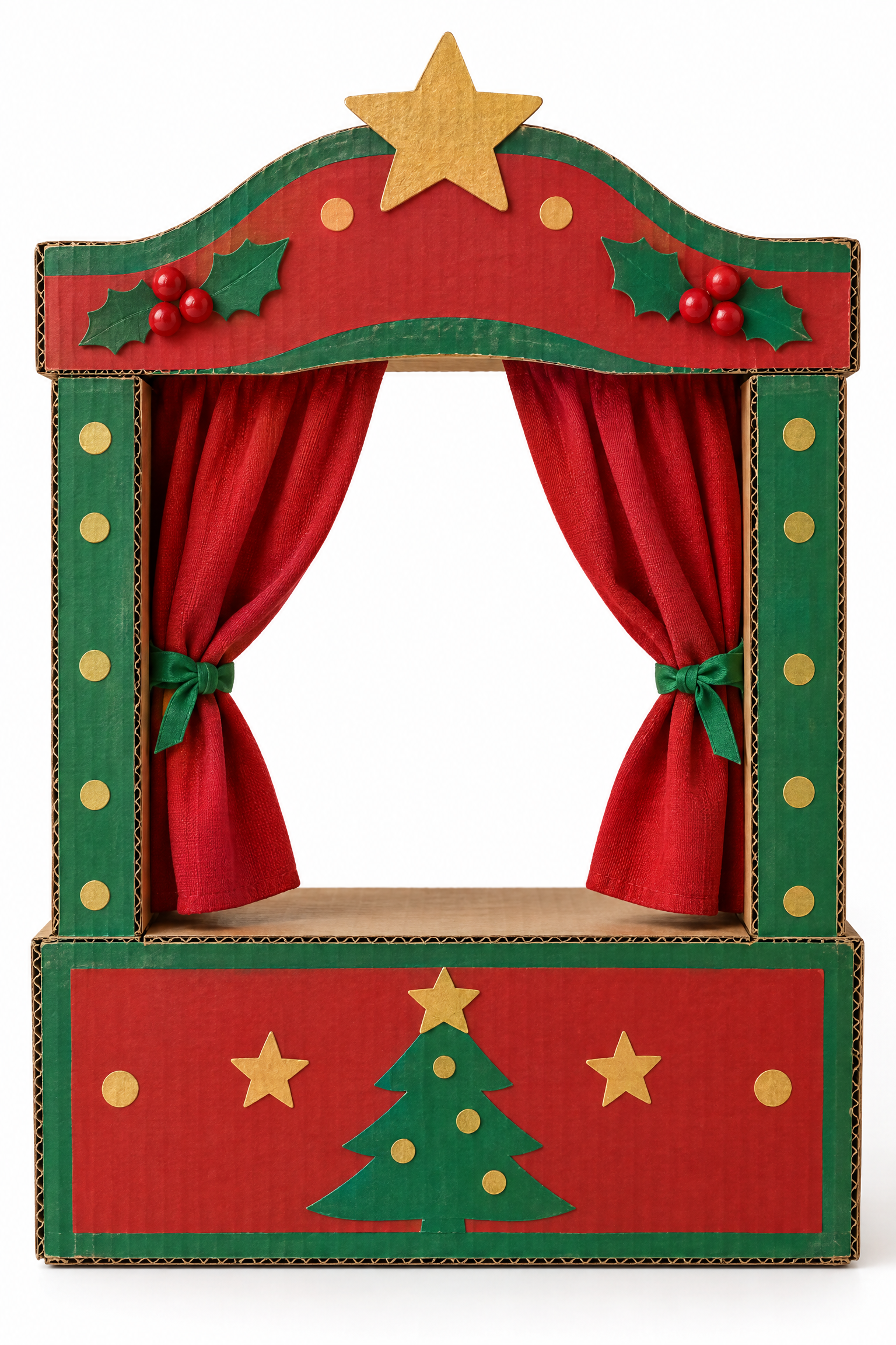 Teatrinho de fantoches feito de papelão com cortina festiva sobre fundo branco