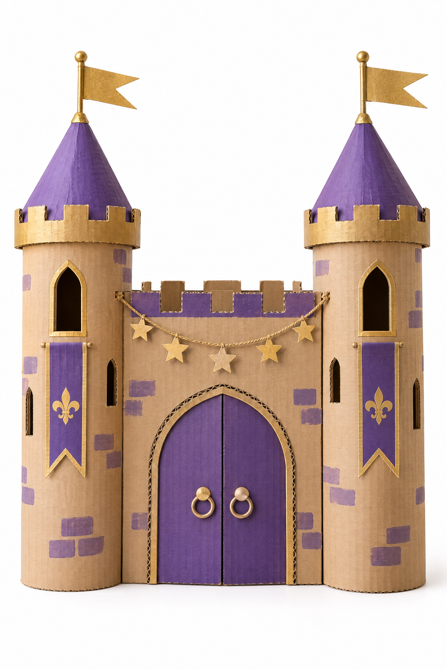 Castelo infantil de papelão com torres e detalhes roxos sobre fundo branco