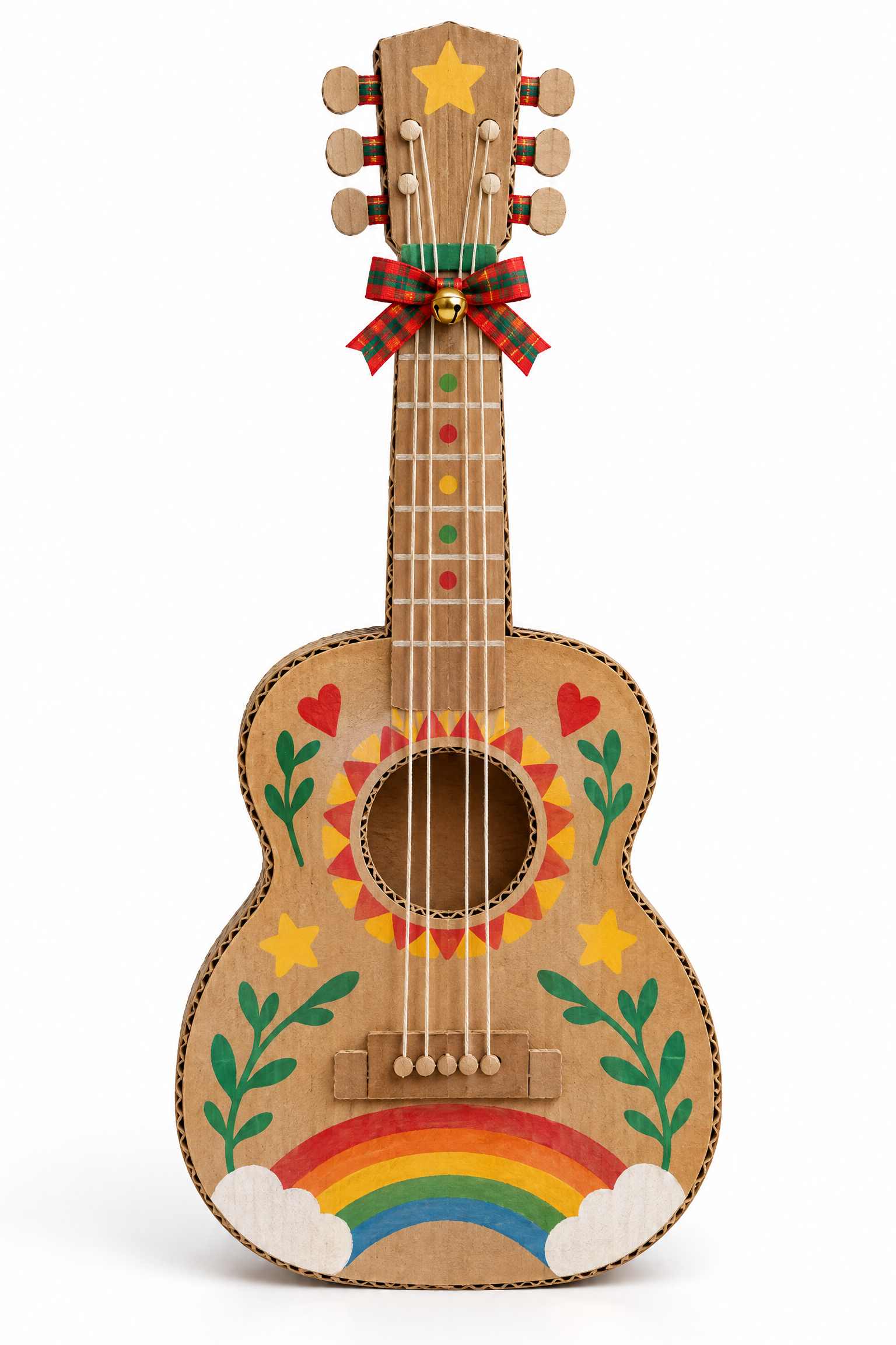Guitarra colorida de brinquedo feita de papelão sobre fundo branco
