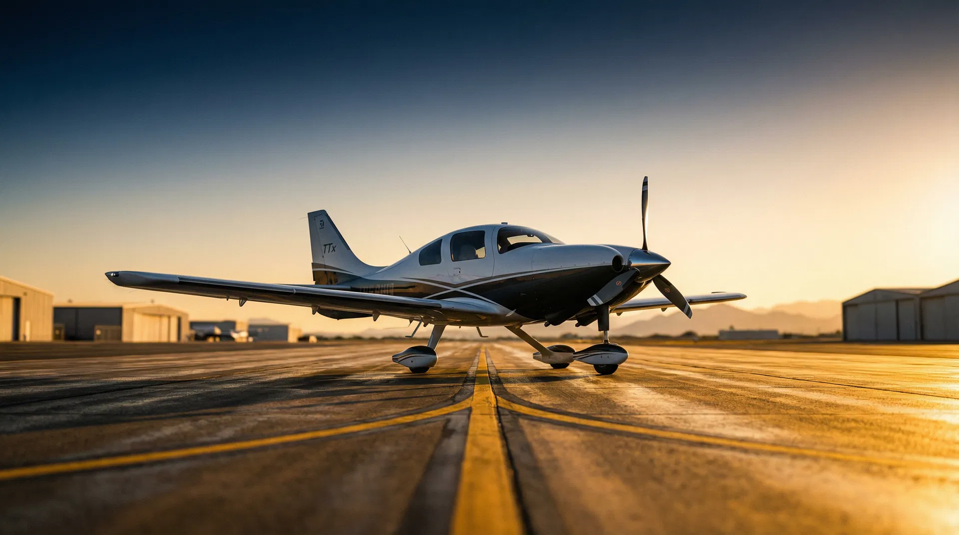 Training aircraft on runway at golden hour