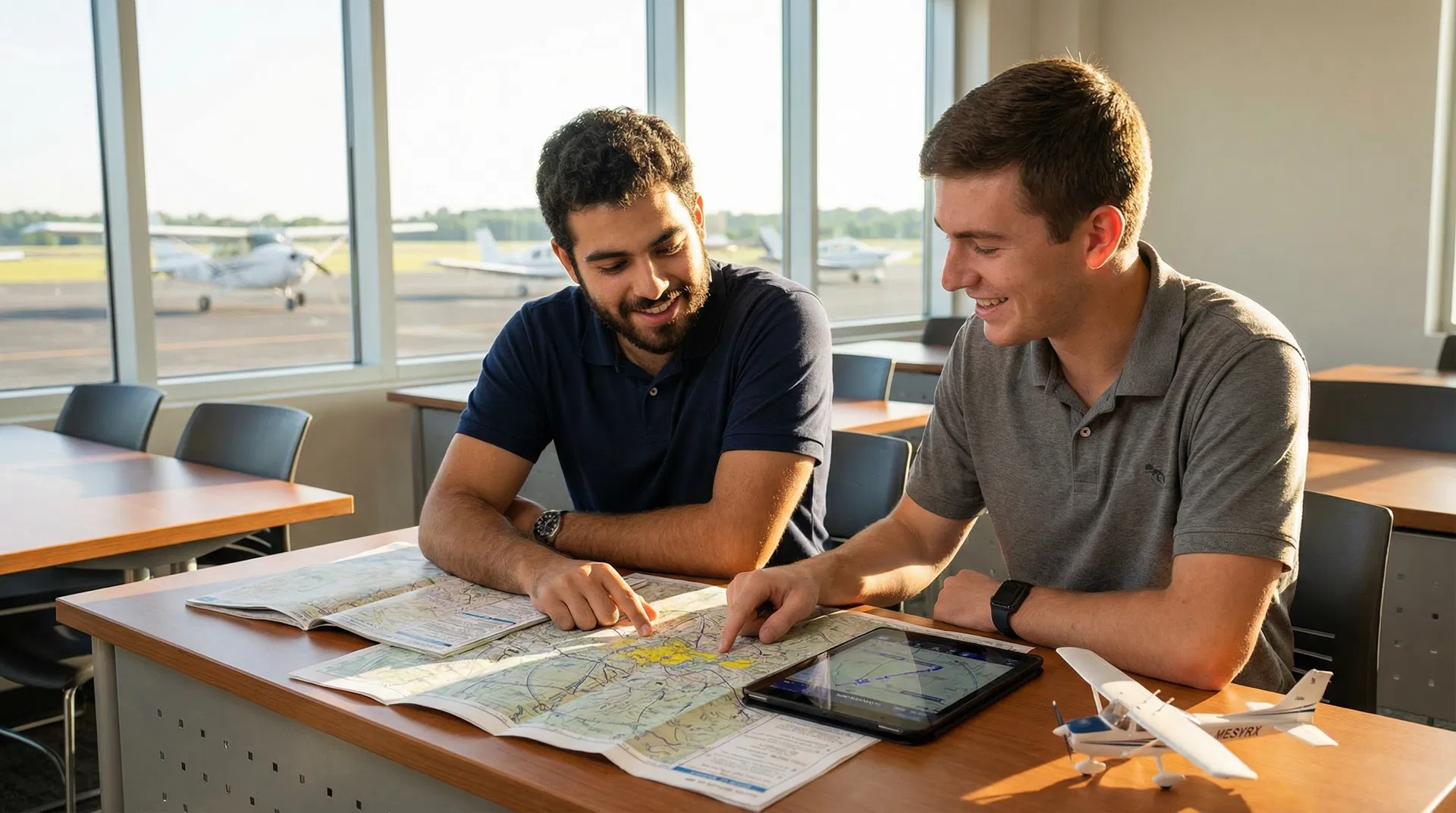 International students studying flight plans