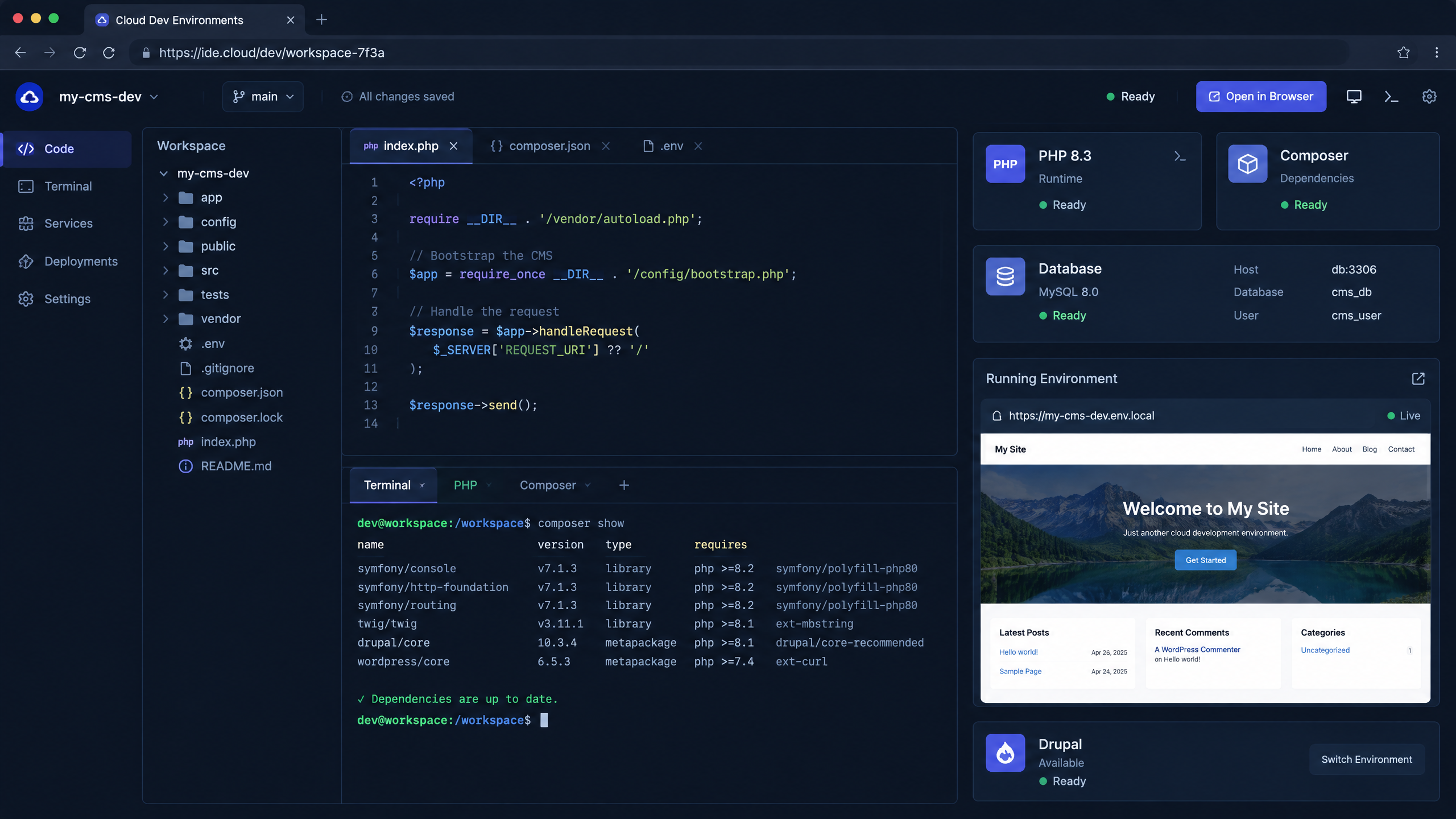 GitOps for WordPress and Drupal: From Pull Request to Production Without Manual Hand-Offs 5 Browser-based cloud development workspace with PHP, Composer, database, WordPress, and Drupal environment controls.