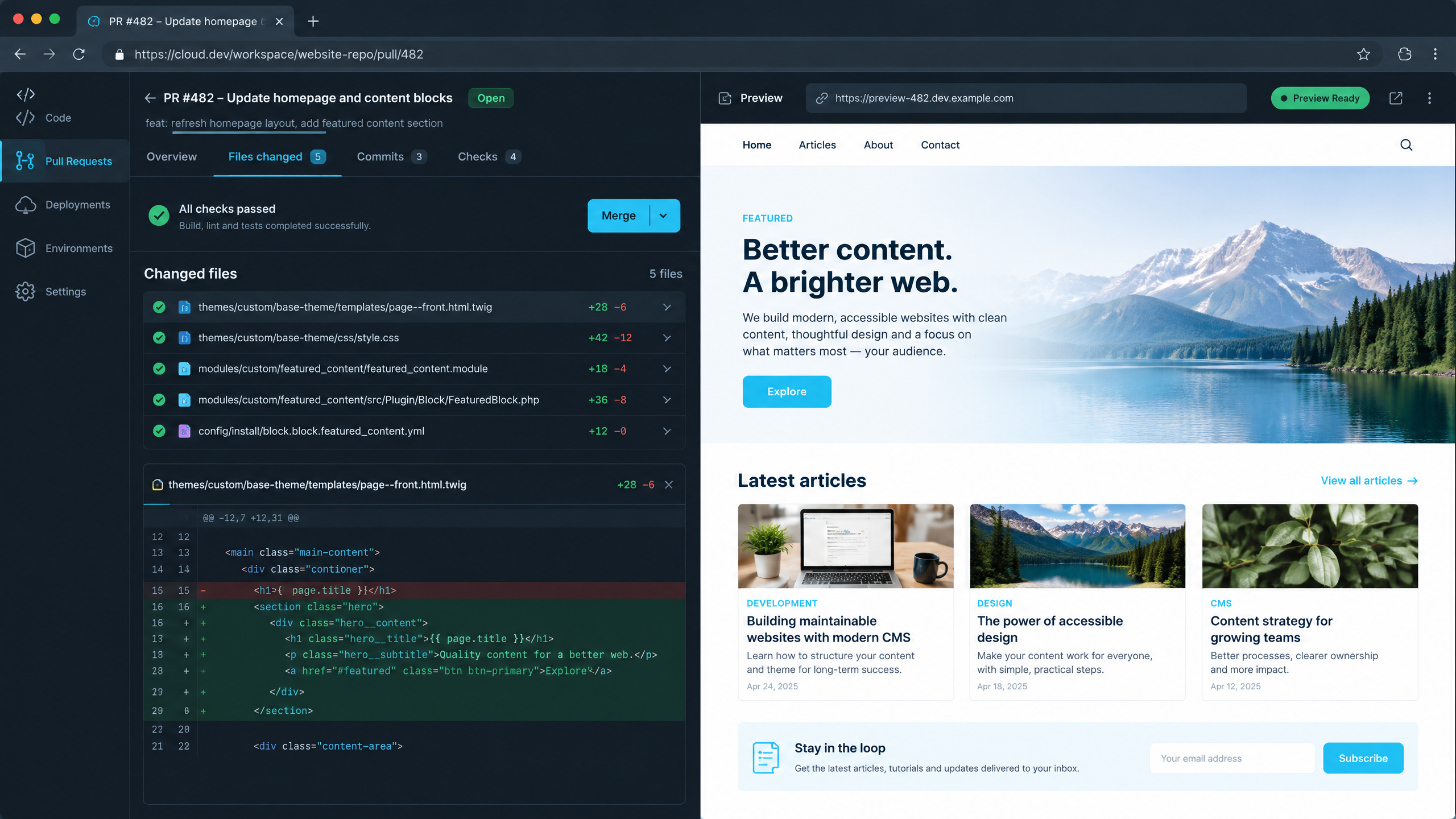 GitOps for WordPress and Drupal: From Pull Request to Production Without Manual Hand-Offs 3 Cloud development workspace combining a pull request review panel with a live WordPress and Drupal branch preview.