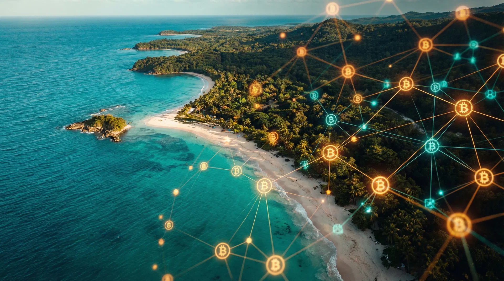 Barbados coastline with digital network overlay