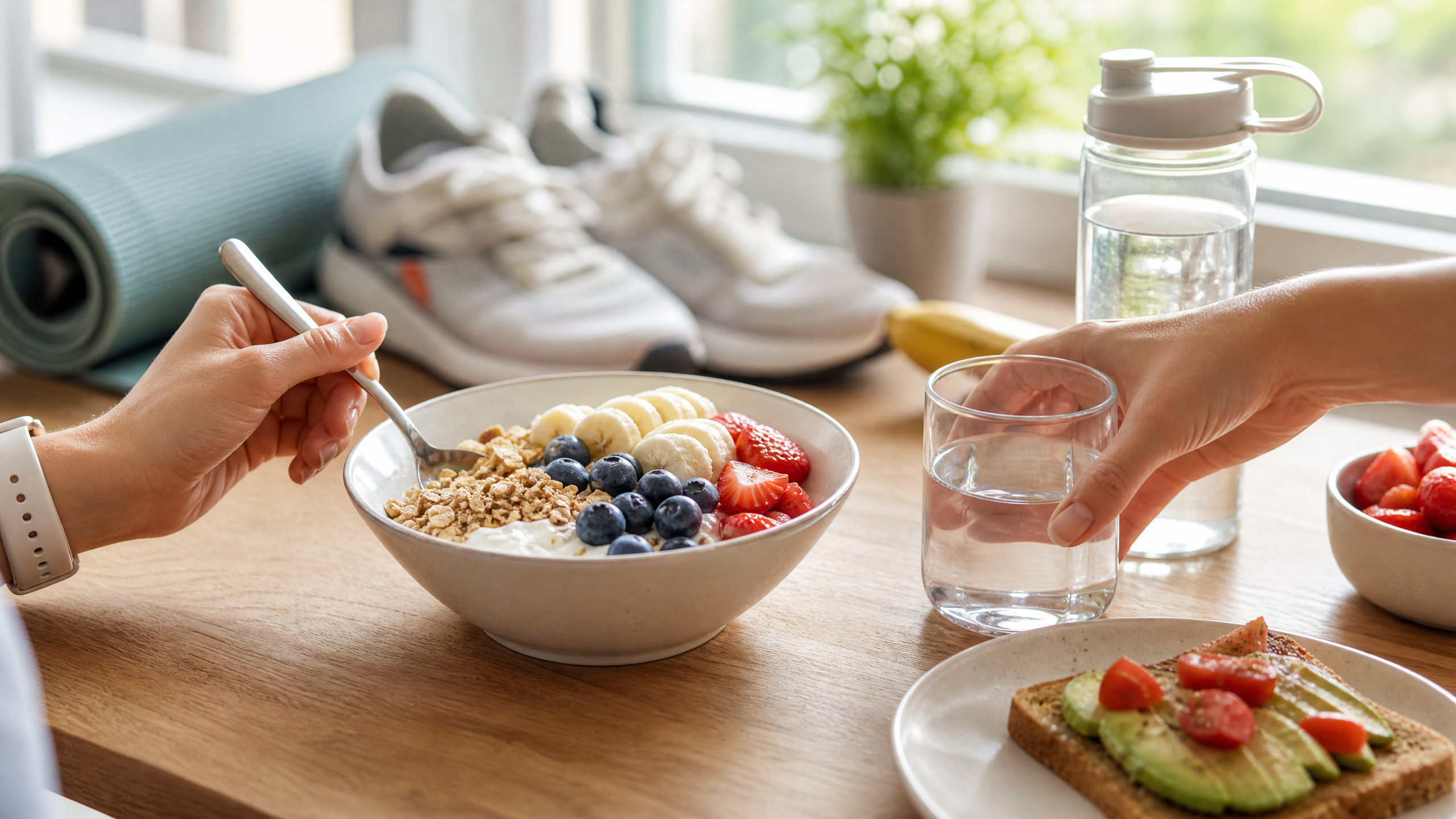 A calm post-workout meal and water bottle in warm natural light