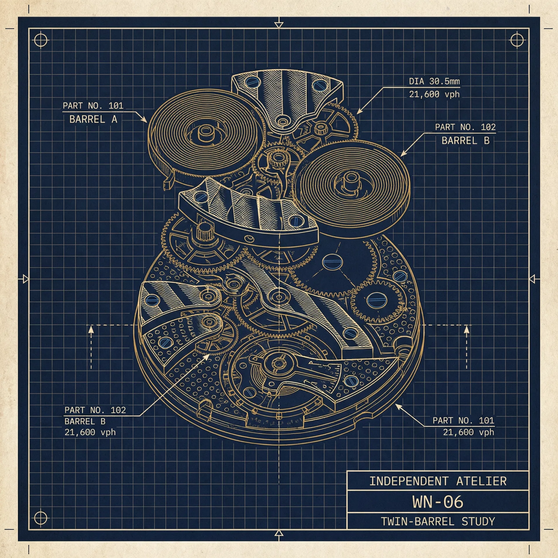 Technical blueprint — Independent Ateliers twin-barrel movement study