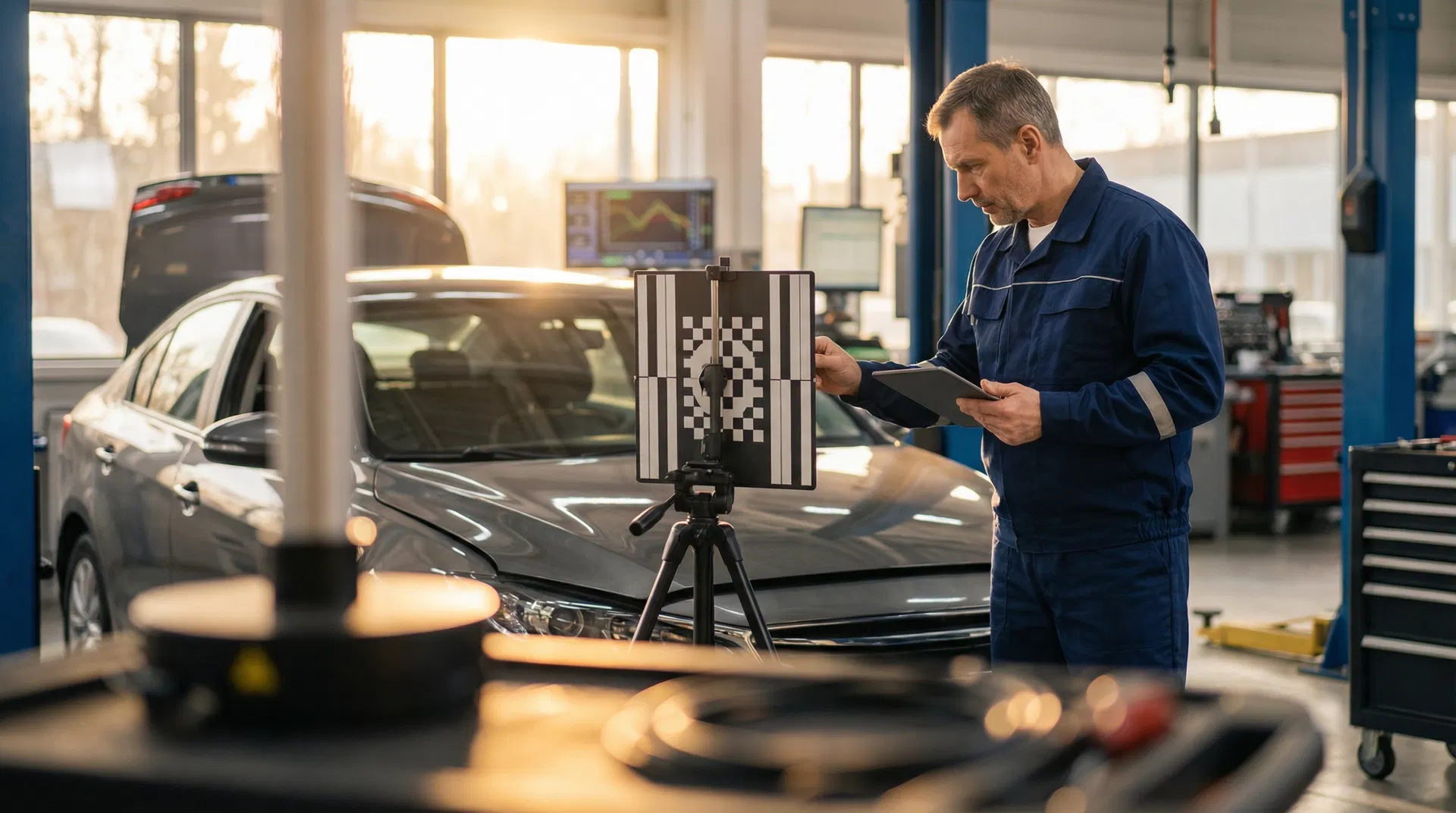 Technicien Misterglass effectuant un calibrage ADAS sur un pare-brise