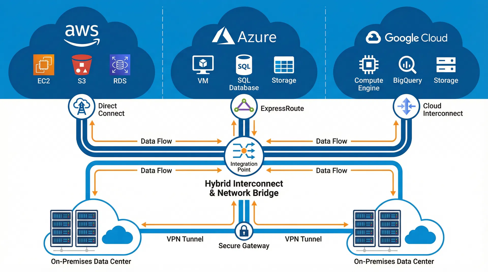 多雲和混合雲架構圖,展示 AWS、Azure、Google Cloud 等多個雲提供商、本地數據中心和混合連接的集成架構